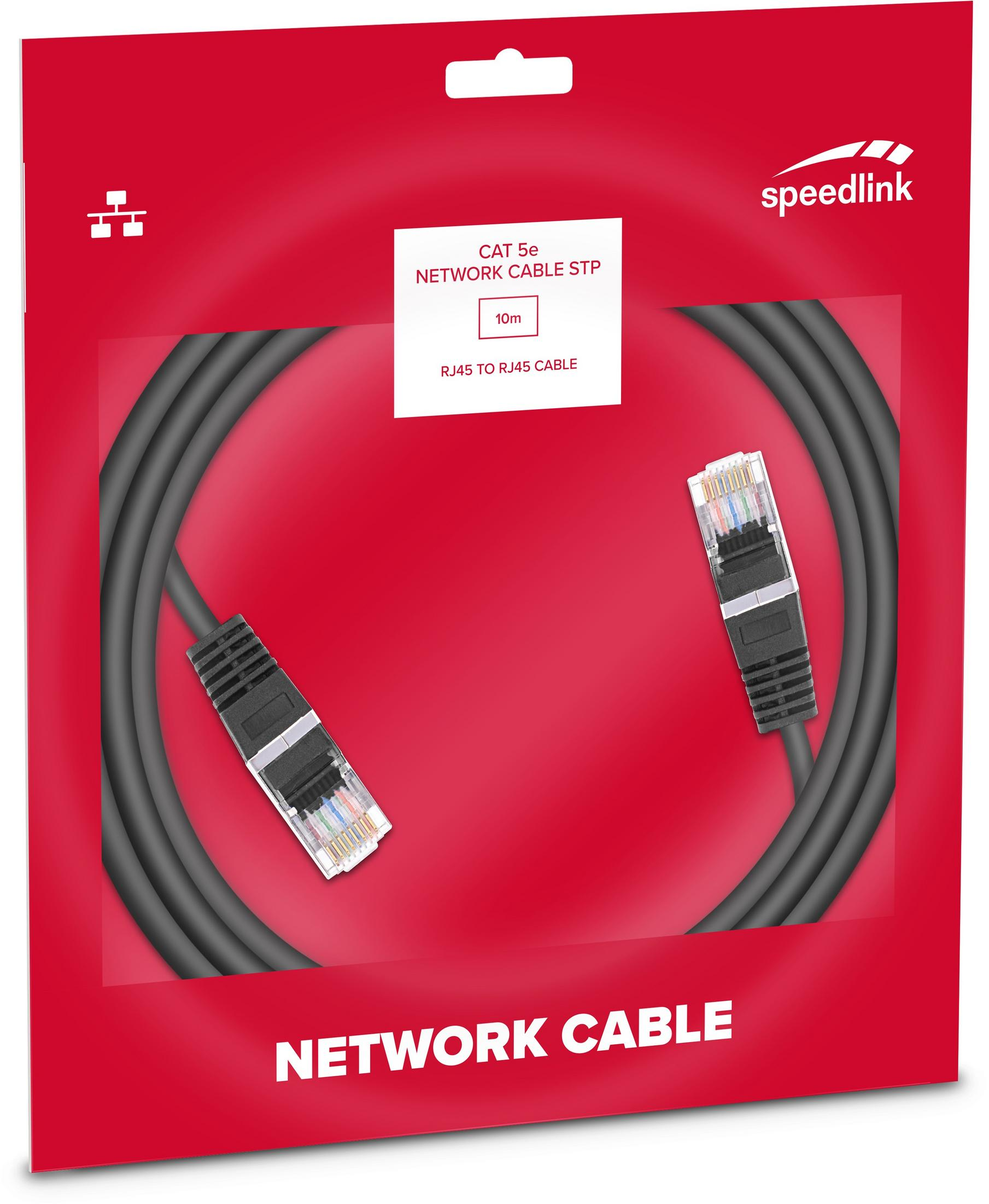 Ein schwarzes CAT 5e STP Netzwerkkabel mit RJ45-Anschlüssen auf rotem Hintergrund.