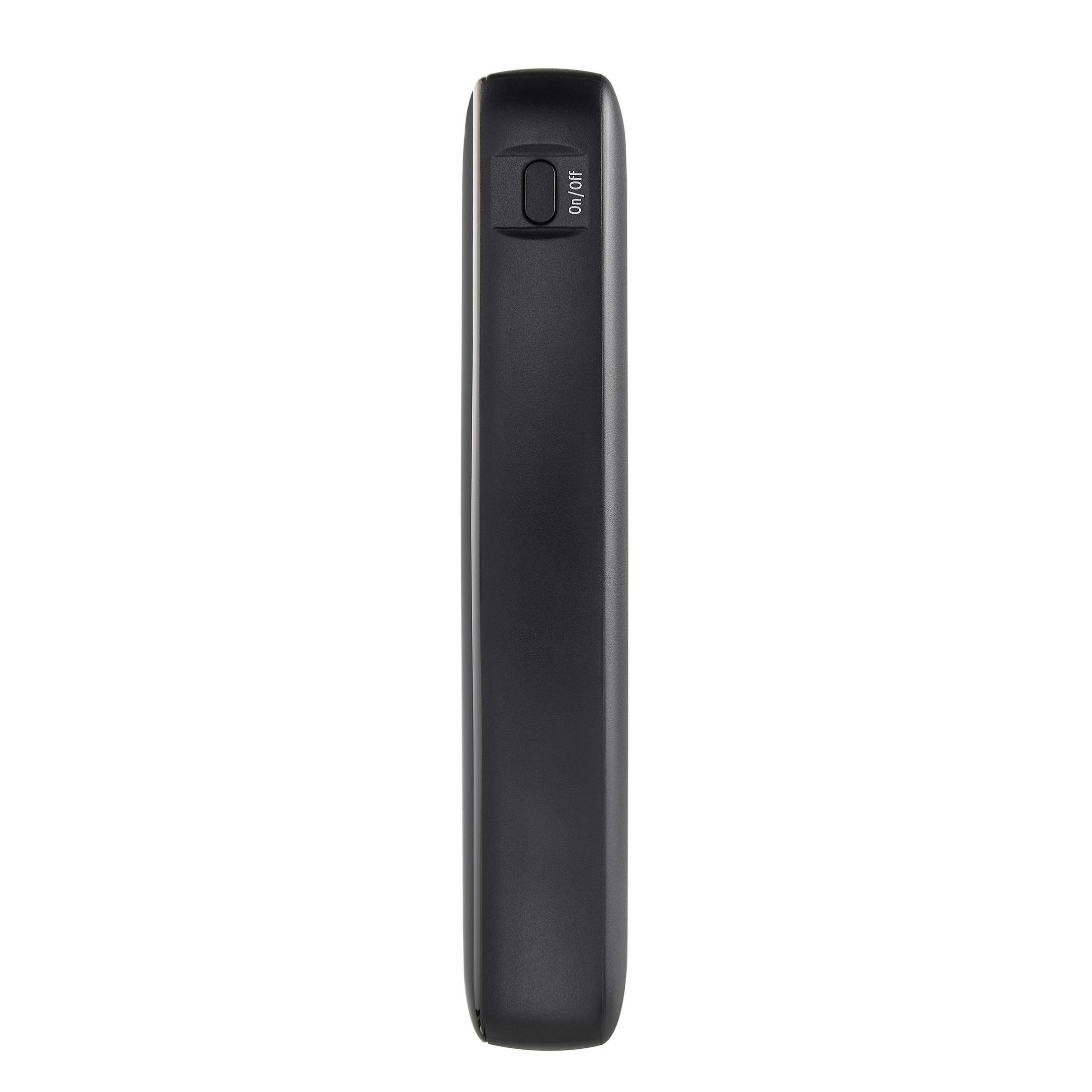 Un objeto rectangular negro con un botón de encendido/apagado arriba.