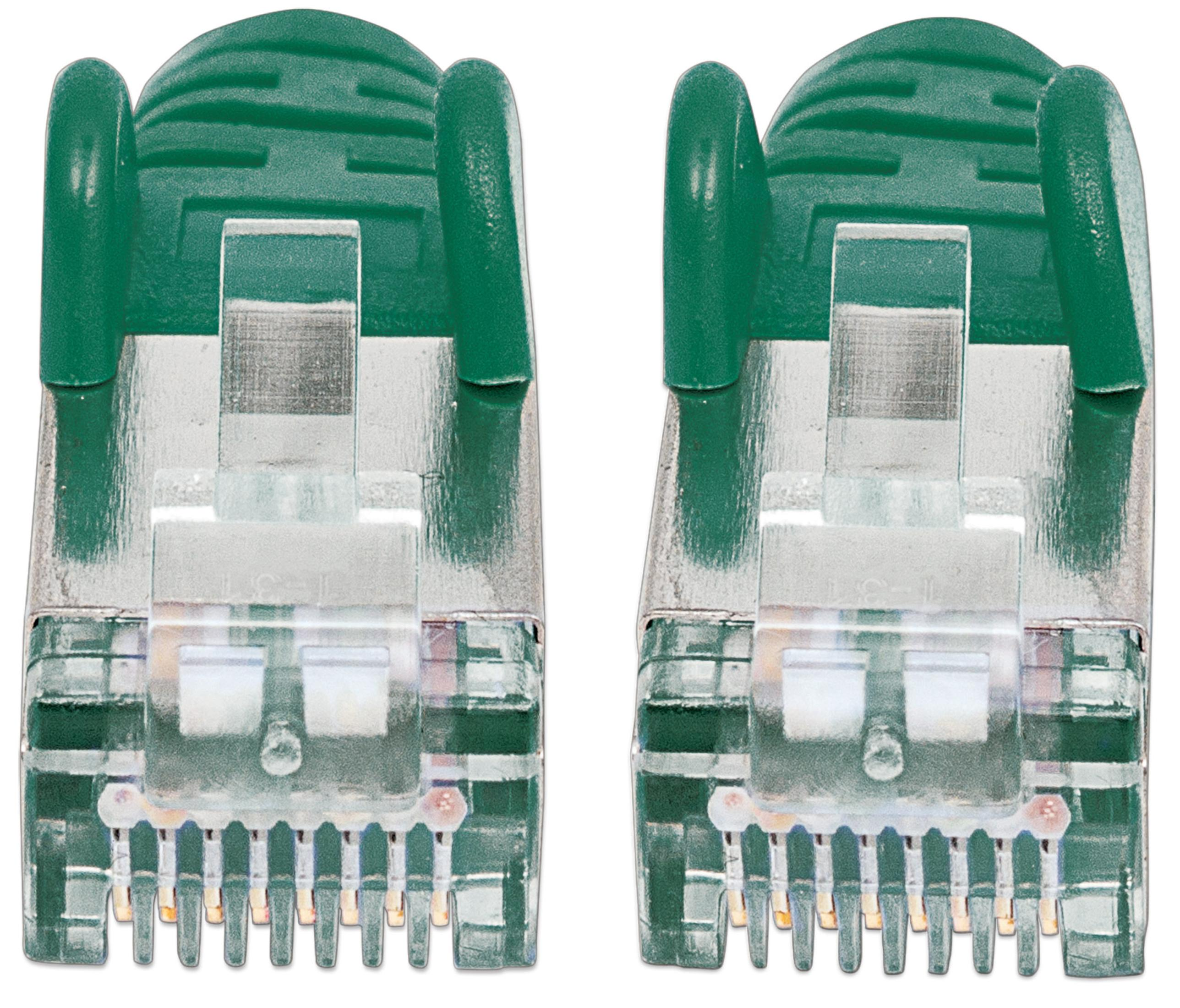 Due connettori RJ45 verdi con custodie trasparenti e contatti metallici.