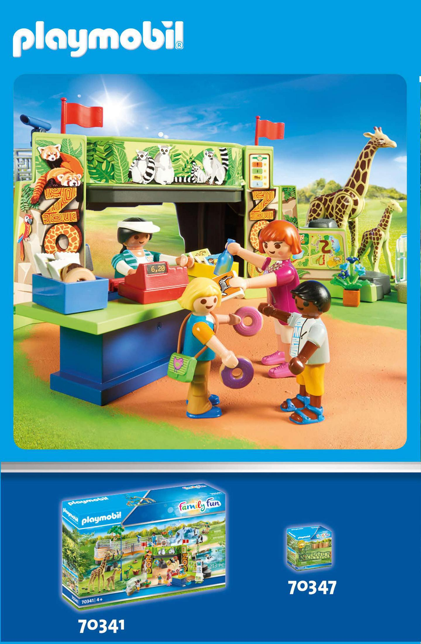 Scena di zoo Playmobil con panda rossi, lemuri, giraffe e persone al bancone.