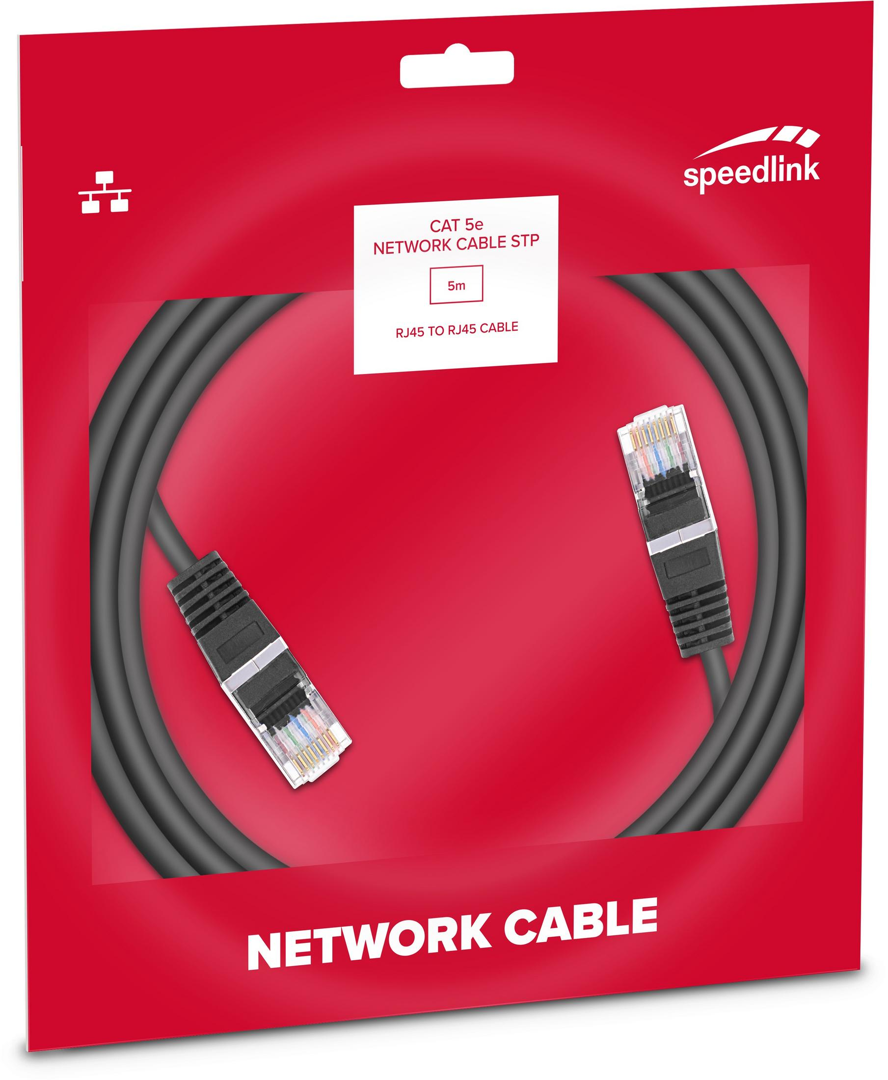 Ein schwarzes CAT 5e STP Netzwerkkabel mit RJ45-Steckern auf rotem Hintergrund.