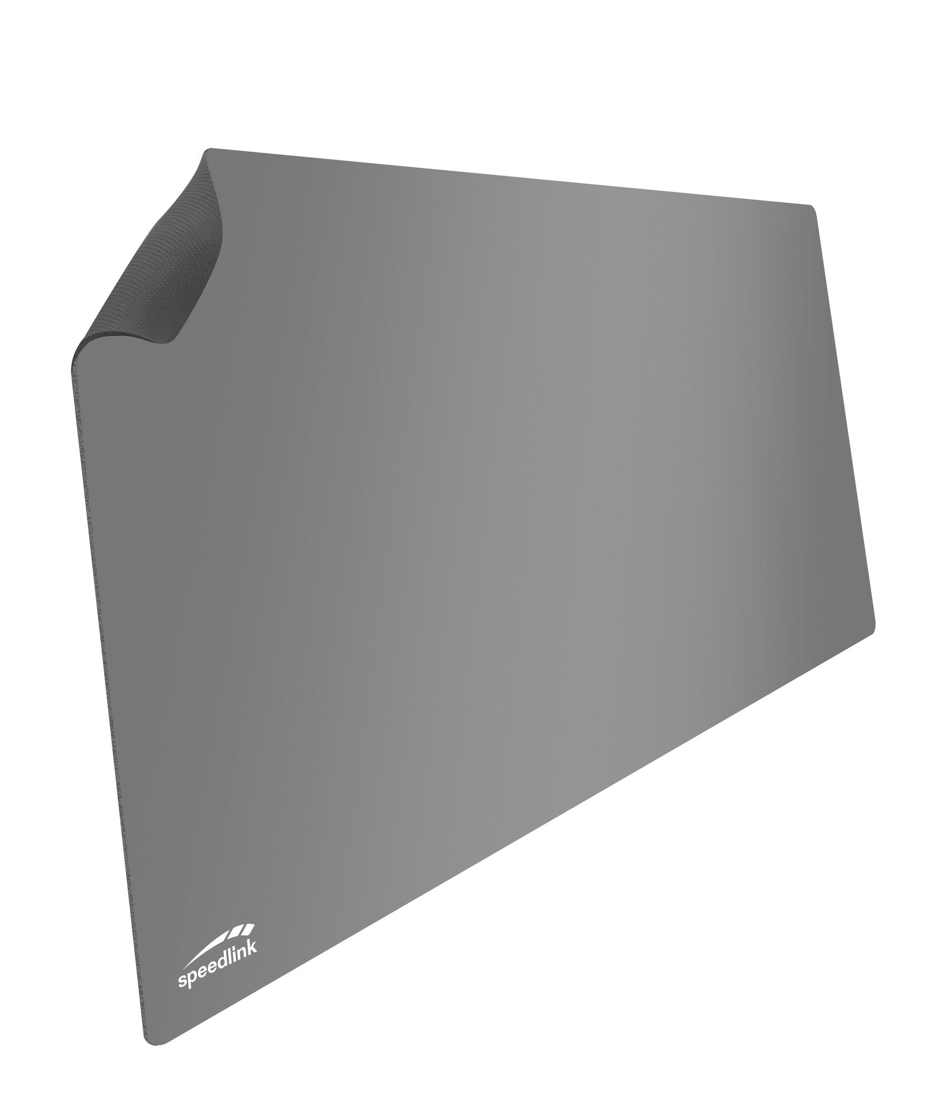 Graue Speedlink-Mausmatte mit Logo, Ecke hochgeklappt.