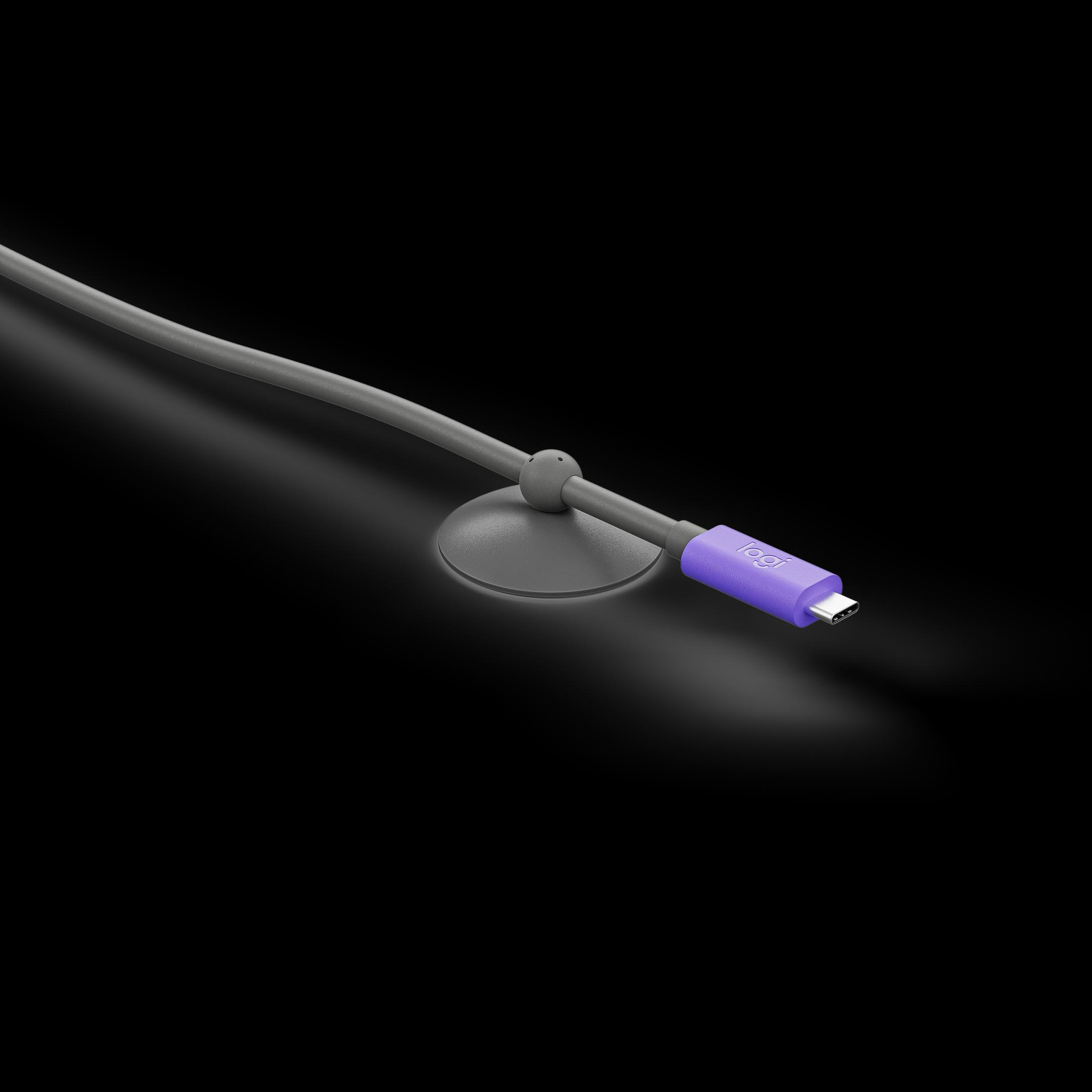 Un cavo grigio con connettore USB-C viola è attaccato a una clip grigia.