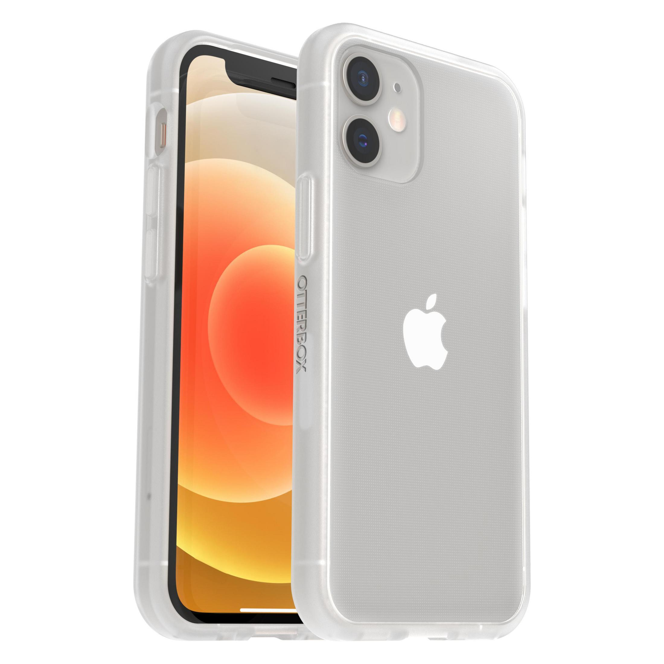Un iPhone 12 con funda Otterbox transparente y logo de Apple.