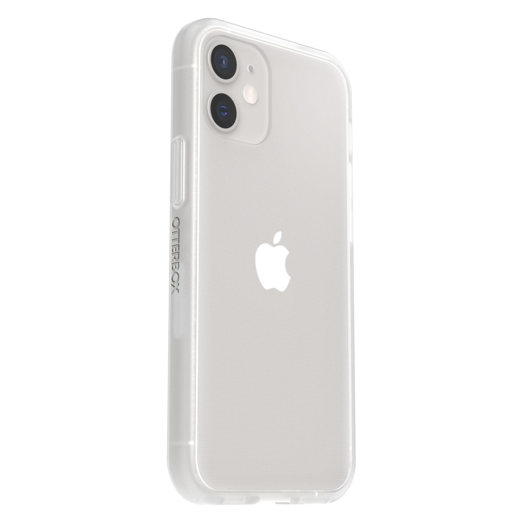 Una funda transparente para iPhone con logo de Otterbox y logo de Apple.