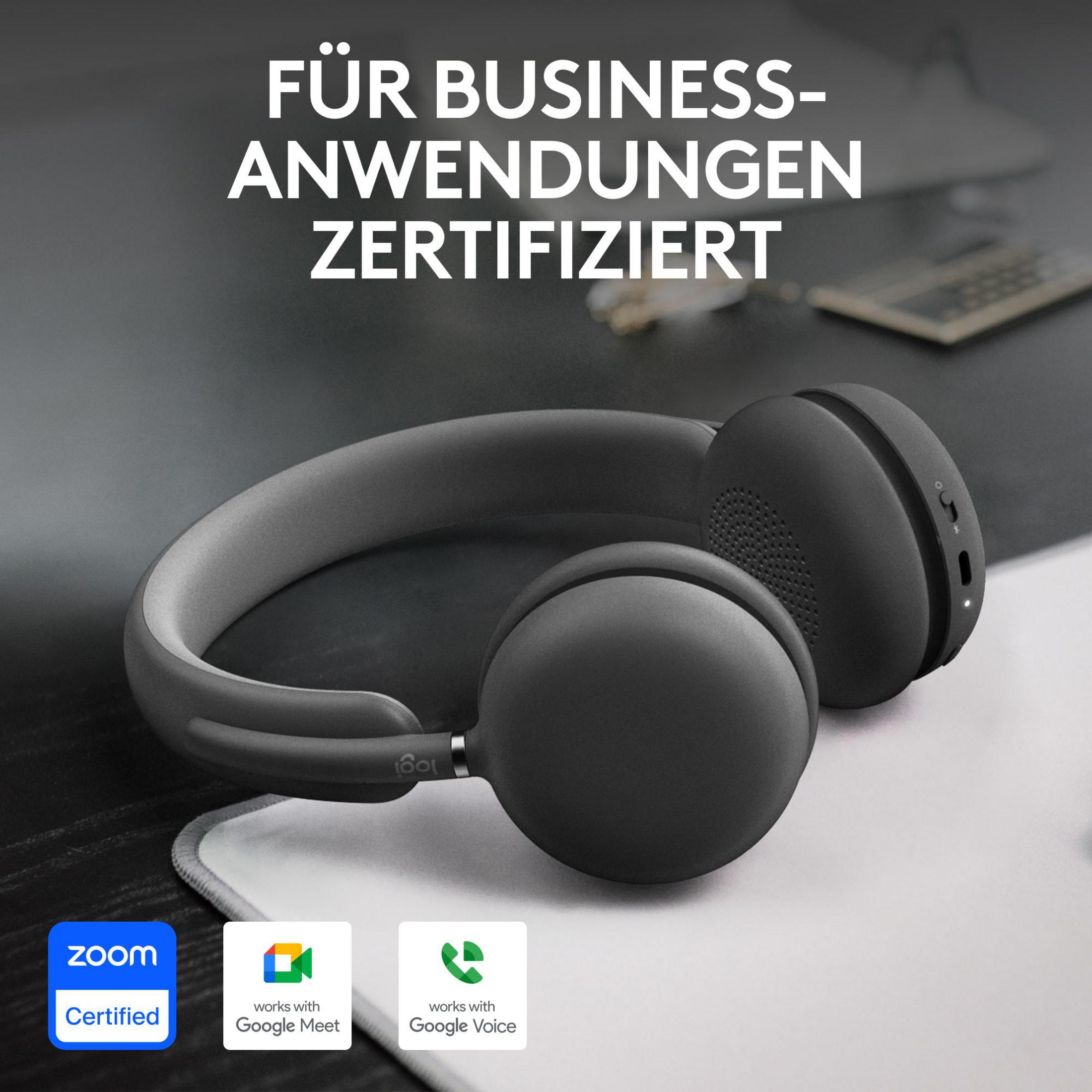 Graue Kopfhörer mit Zoom, Google Meet und Google Voice Zertifizierung.