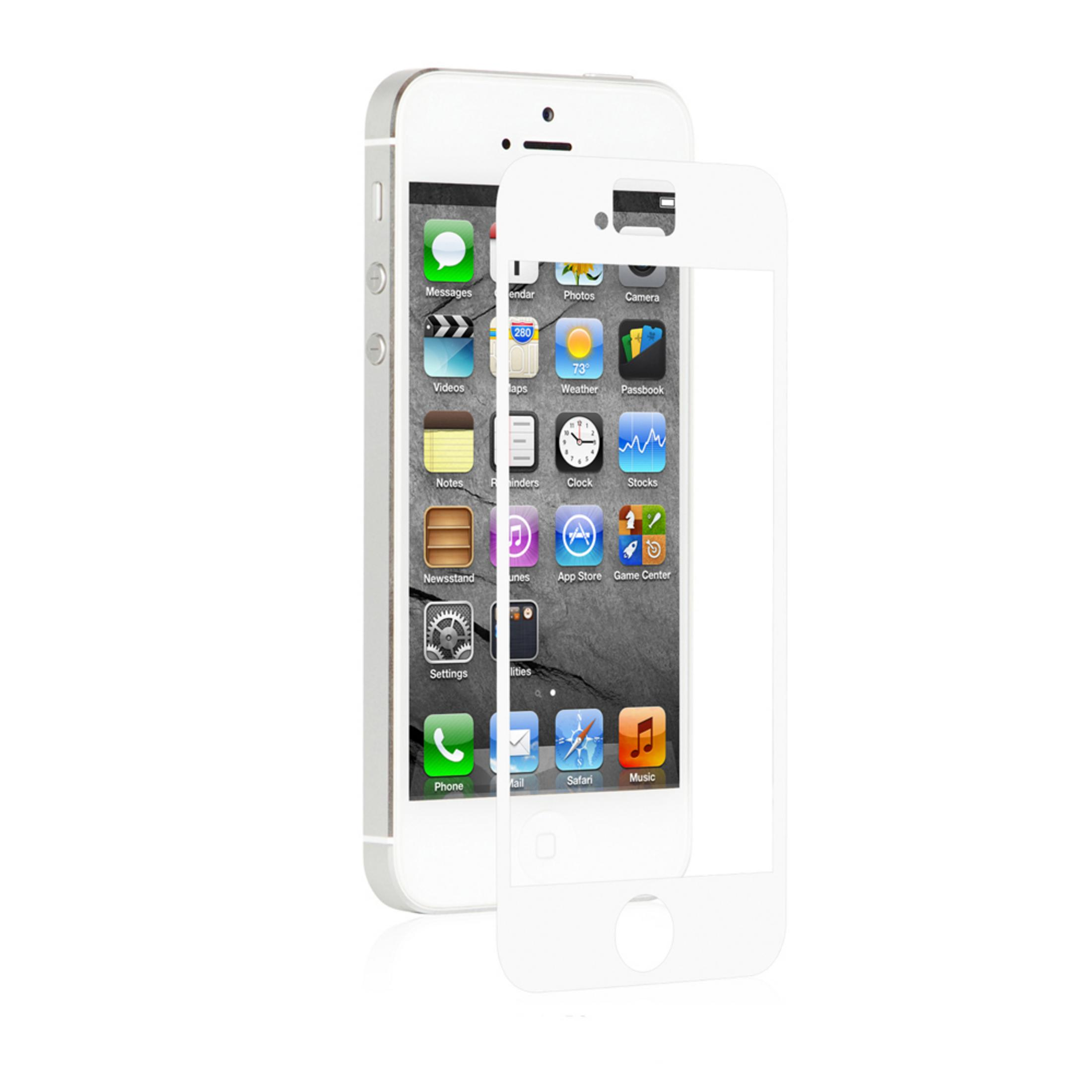 Un iPhone bianco con pellicola protettiva applicata. Icone delle app visibili.