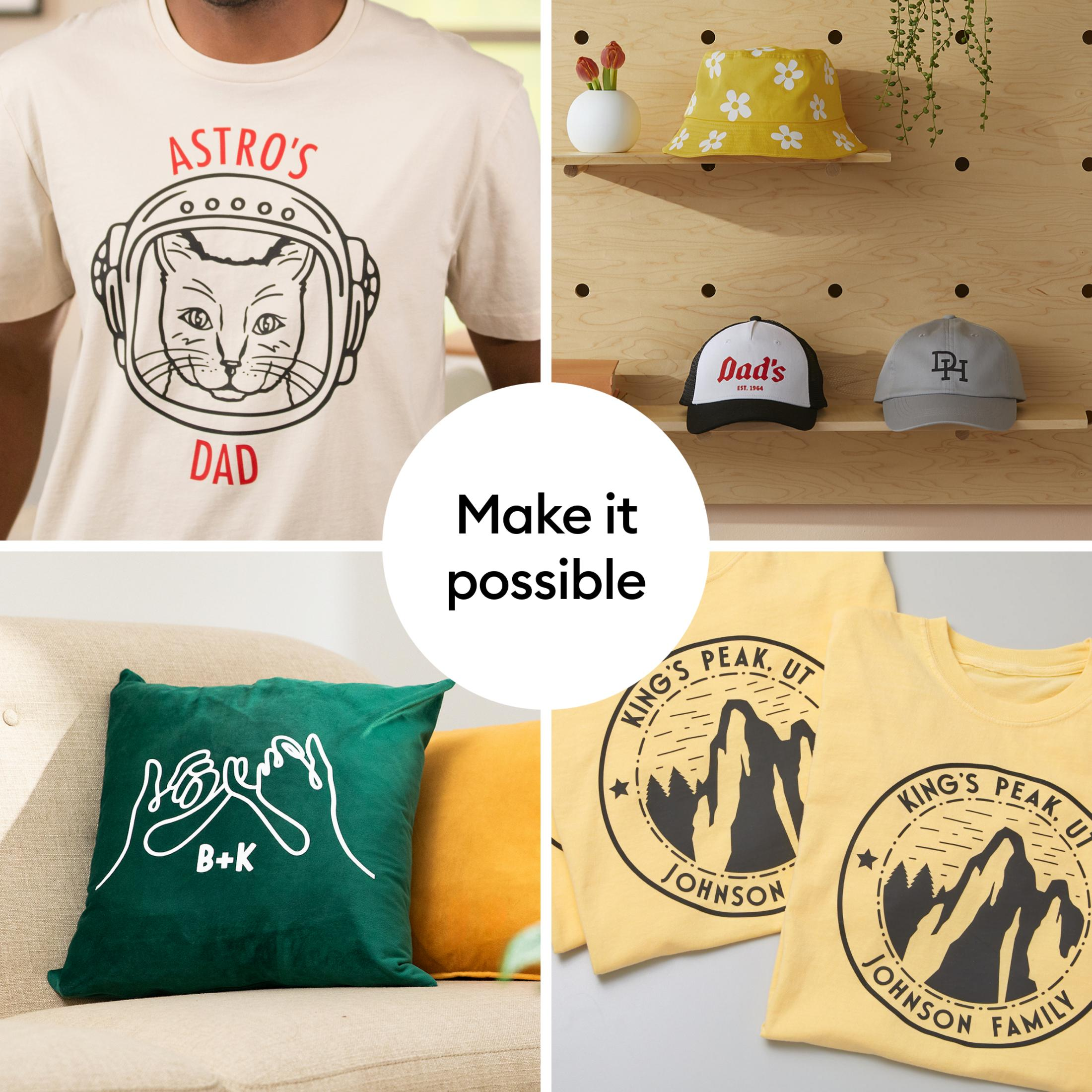 Collage di magliette, cappelli e cuscino con vari disegni.