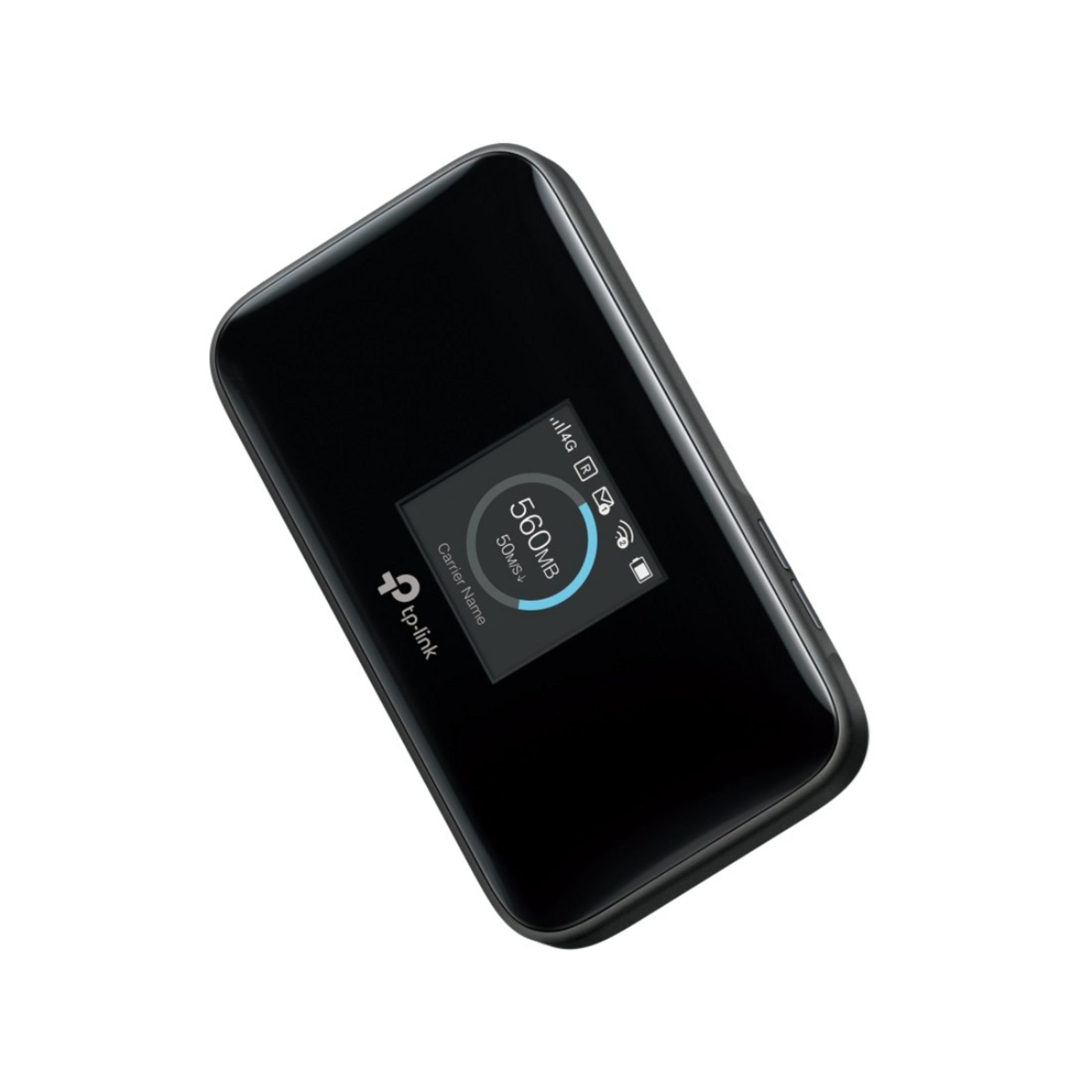 Schwarzer TP-Link mobiler WLAN-Router mit 560MB Daten und 50MB/s Download.