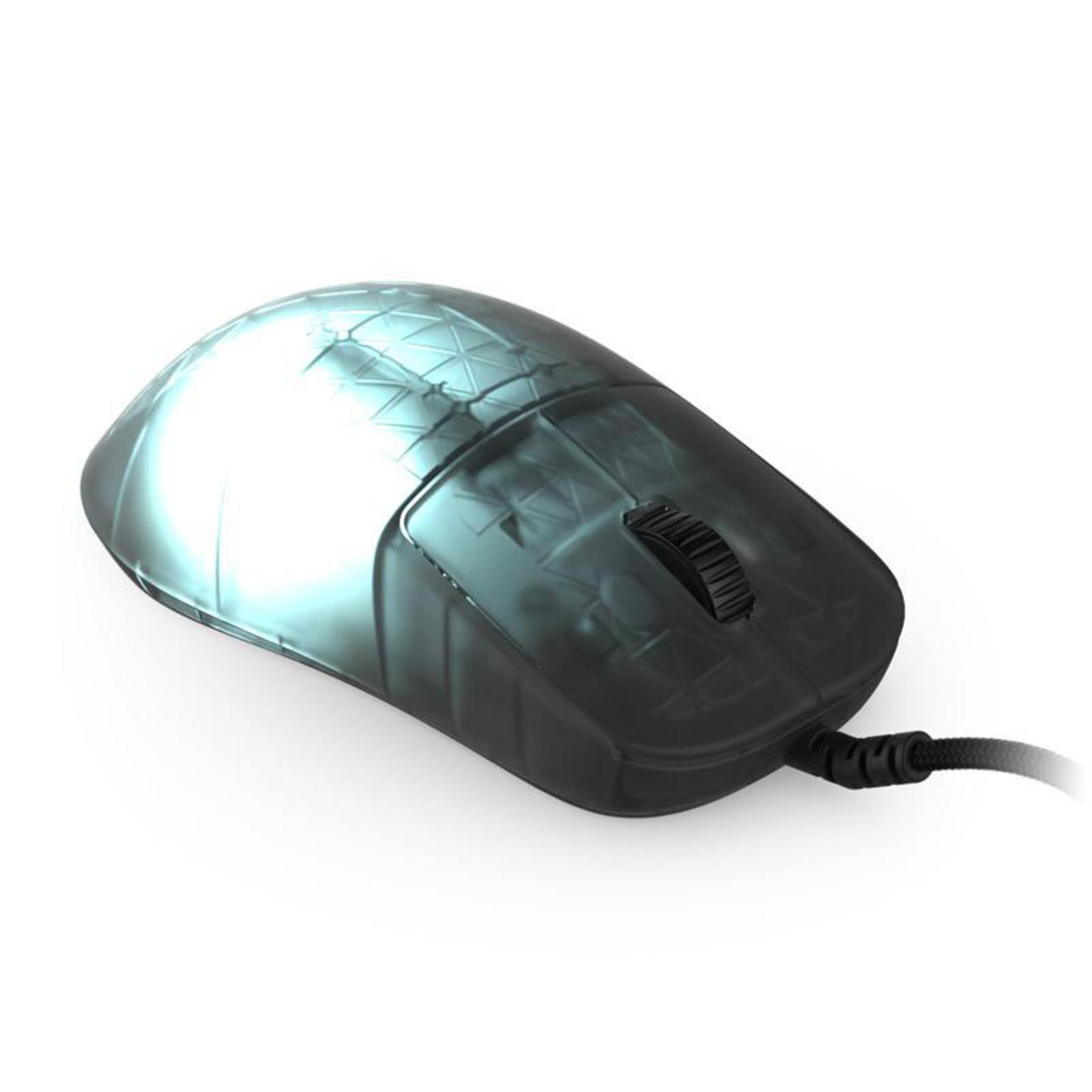 A transparent, dark gray computer mouse with a scroll wheel and black cable.