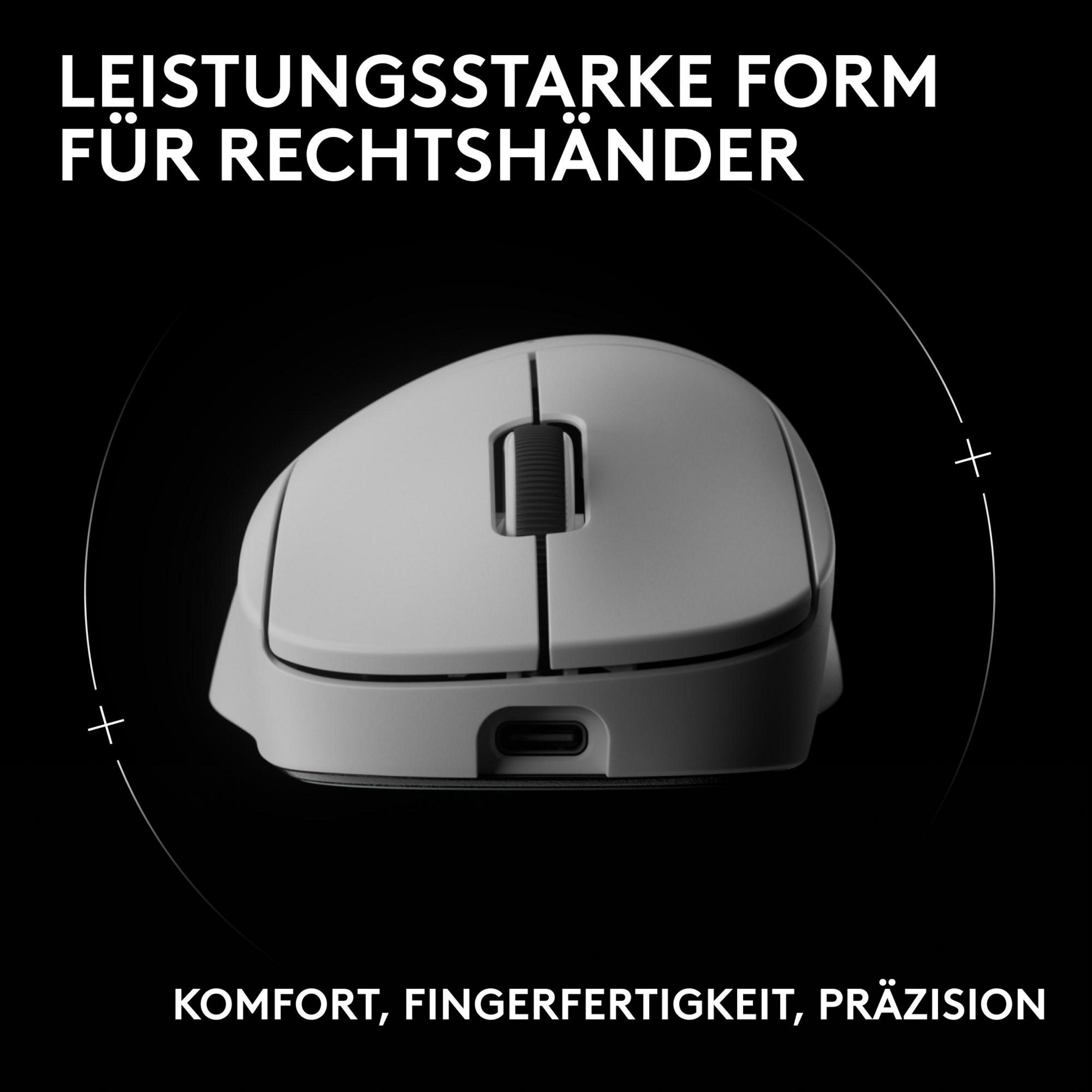 Biała mysz z kółkiem przewijania i portem USB-C na czarnym tle.