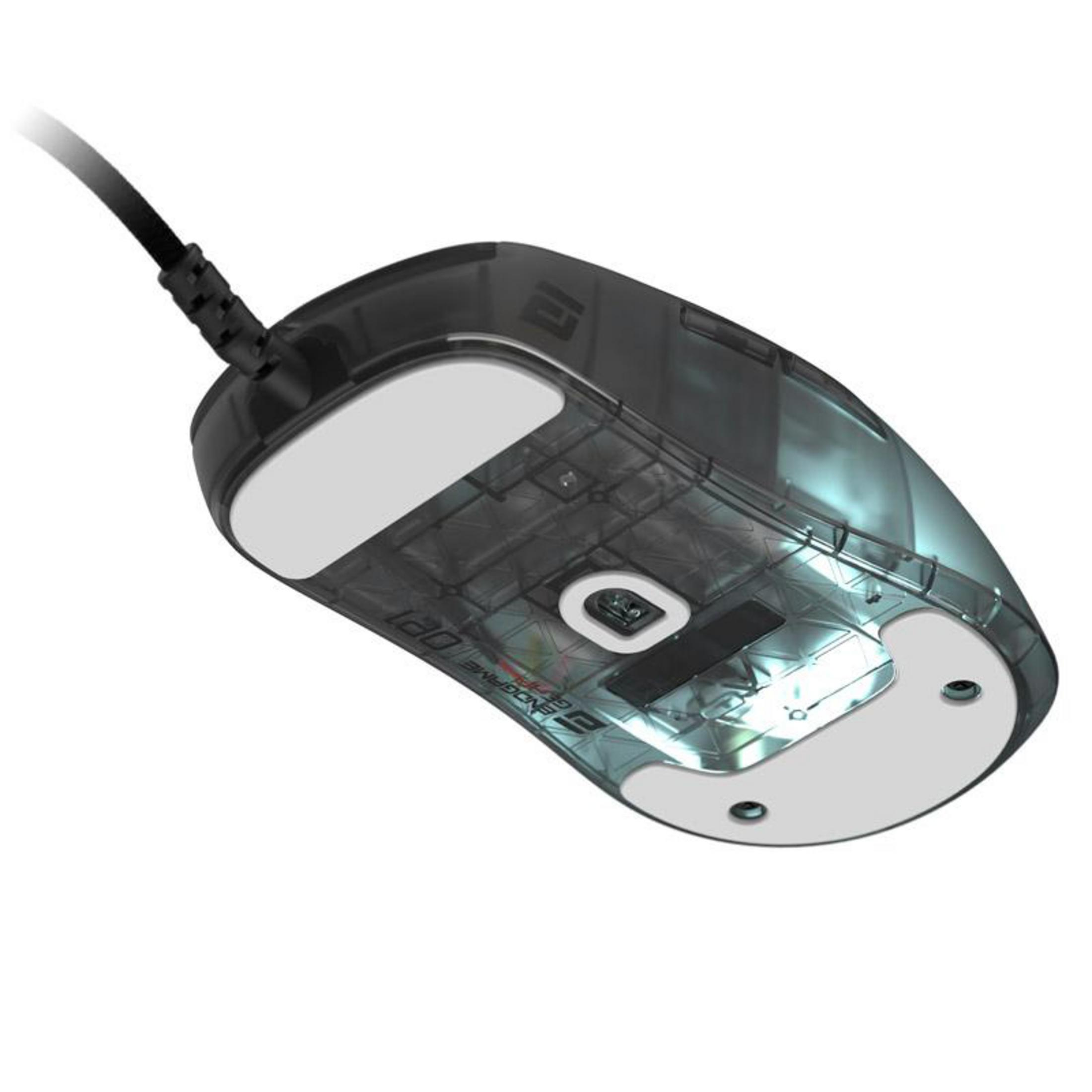 A transparent black computer mouse with a cord, seen from below, showing internal components.