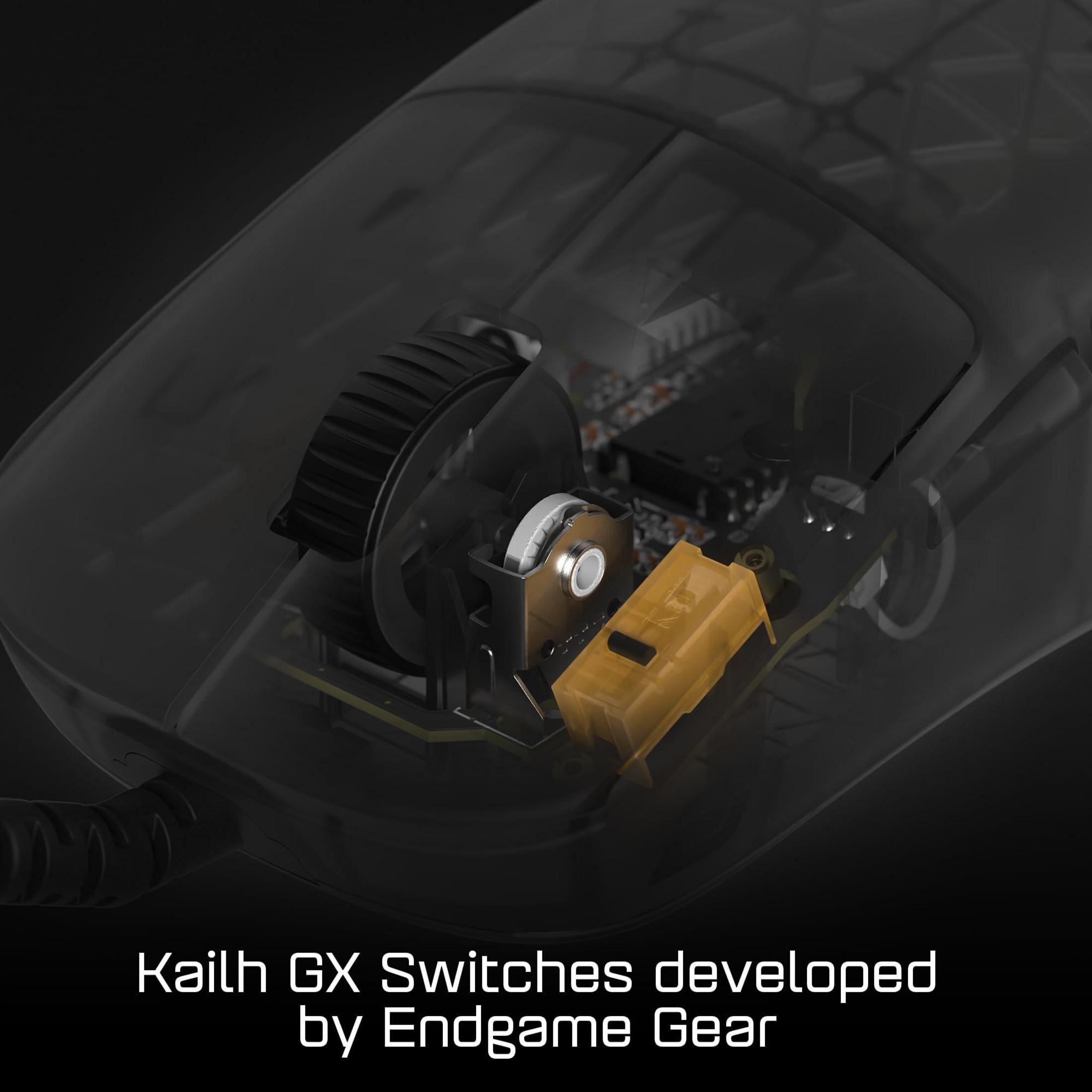 Close-up of a transparent mouse interior, showing a yellow switch.