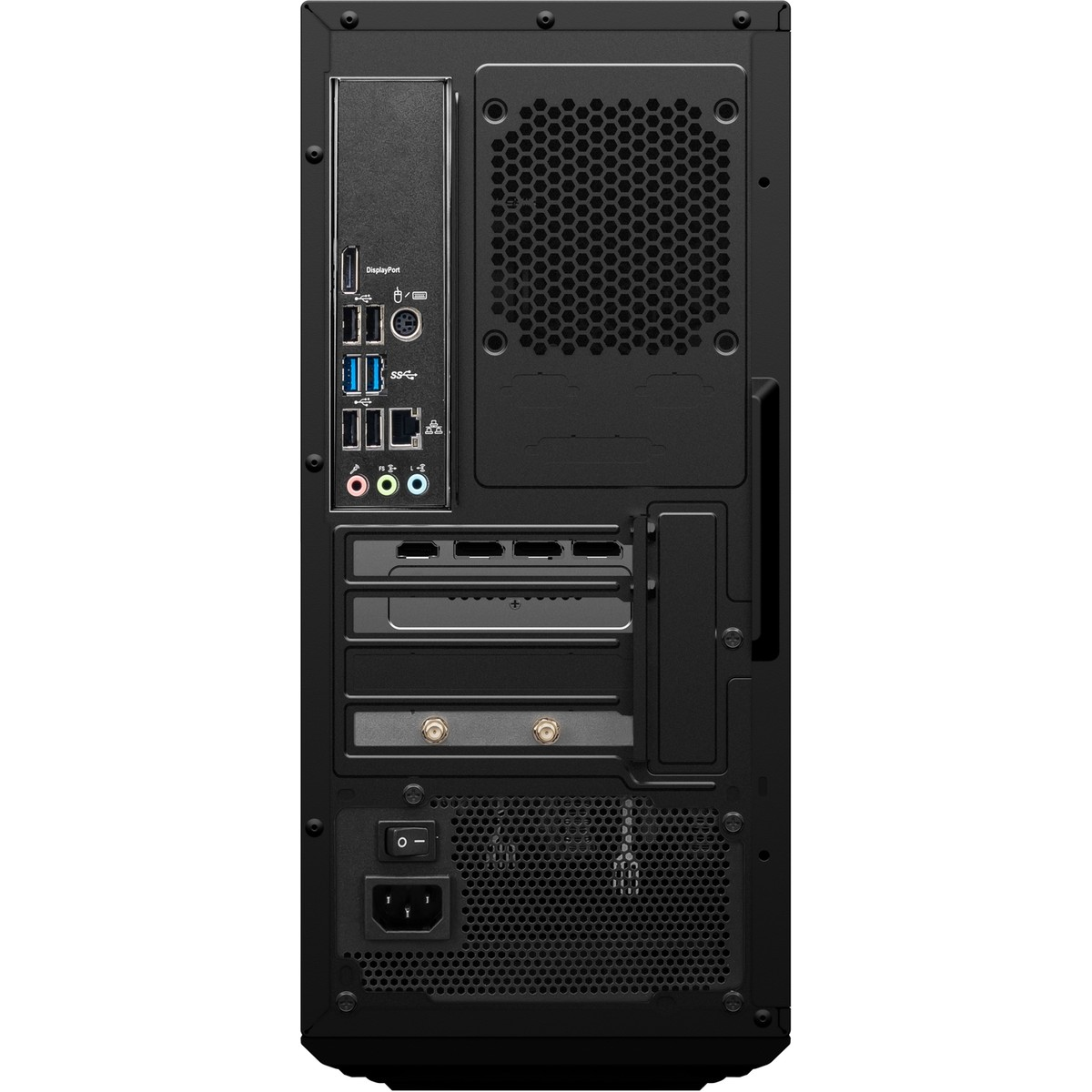 Çeşitli bağlantı noktaları gösteren siyah bir PC kasasının arka paneli: USB, DisplayPort, ses jakları.