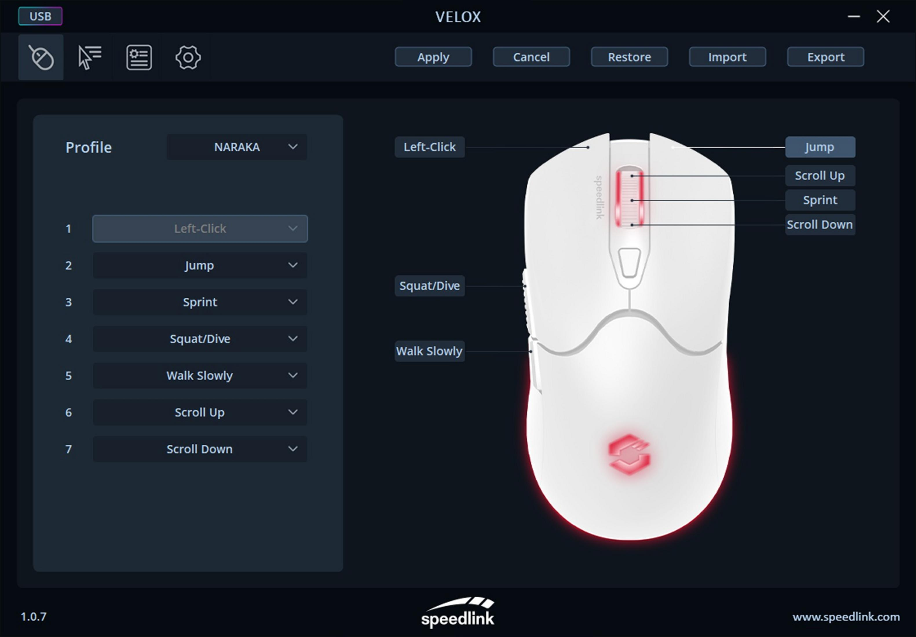 Software-Oberfläche mit Maus-Layout und Tastenbelegung. Weißer Gaming-Maus-Prototyp.