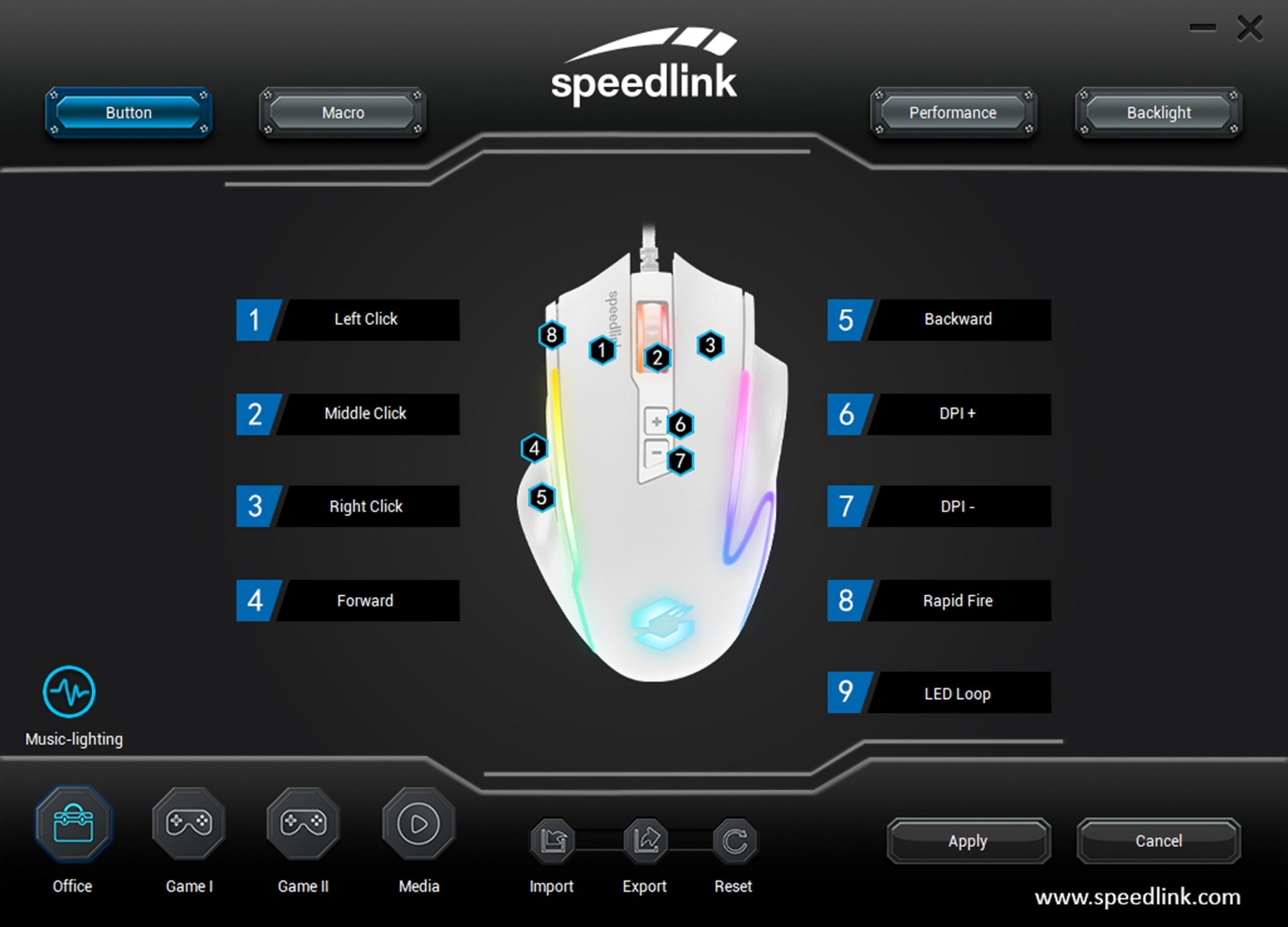 Il software Speedlink mostra un mouse da gioco bianco con pulsanti numerati e illuminazione RGB.