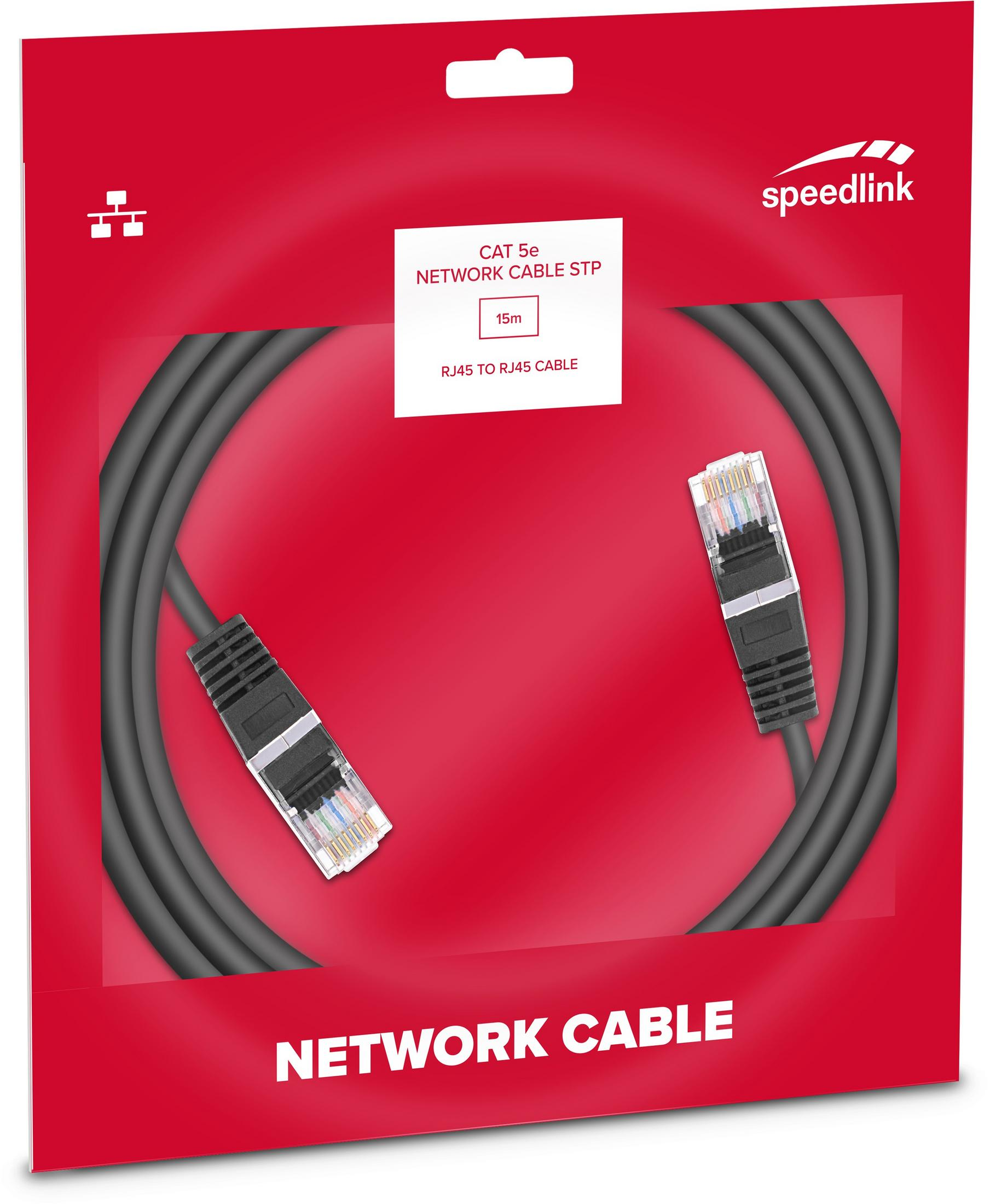 Schwarzes Netzwerkkabel CAT 5e STP mit RJ45-Steckern auf rotem Hintergrund.