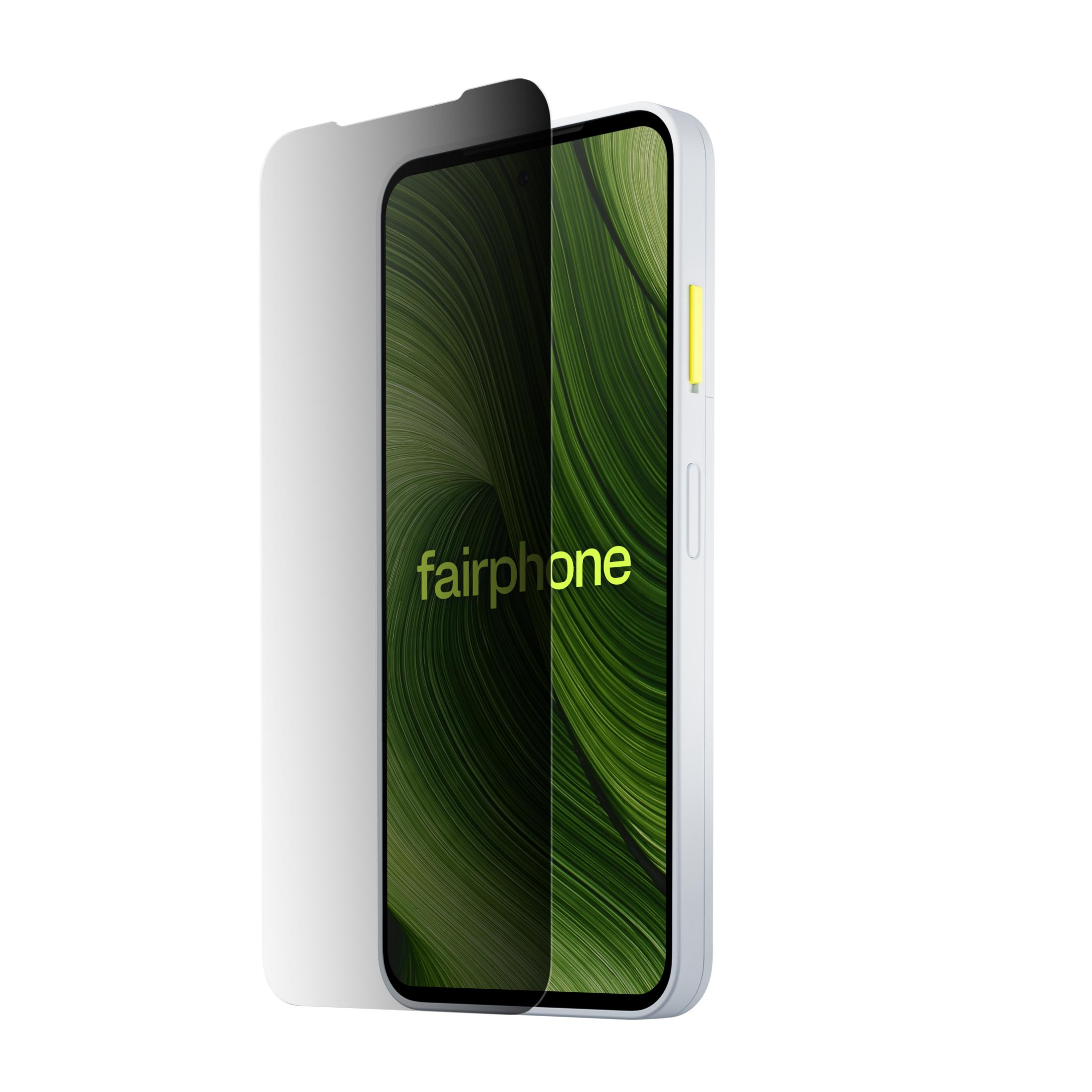 Un Fairphone con pellicola protettiva e sfondo verde.