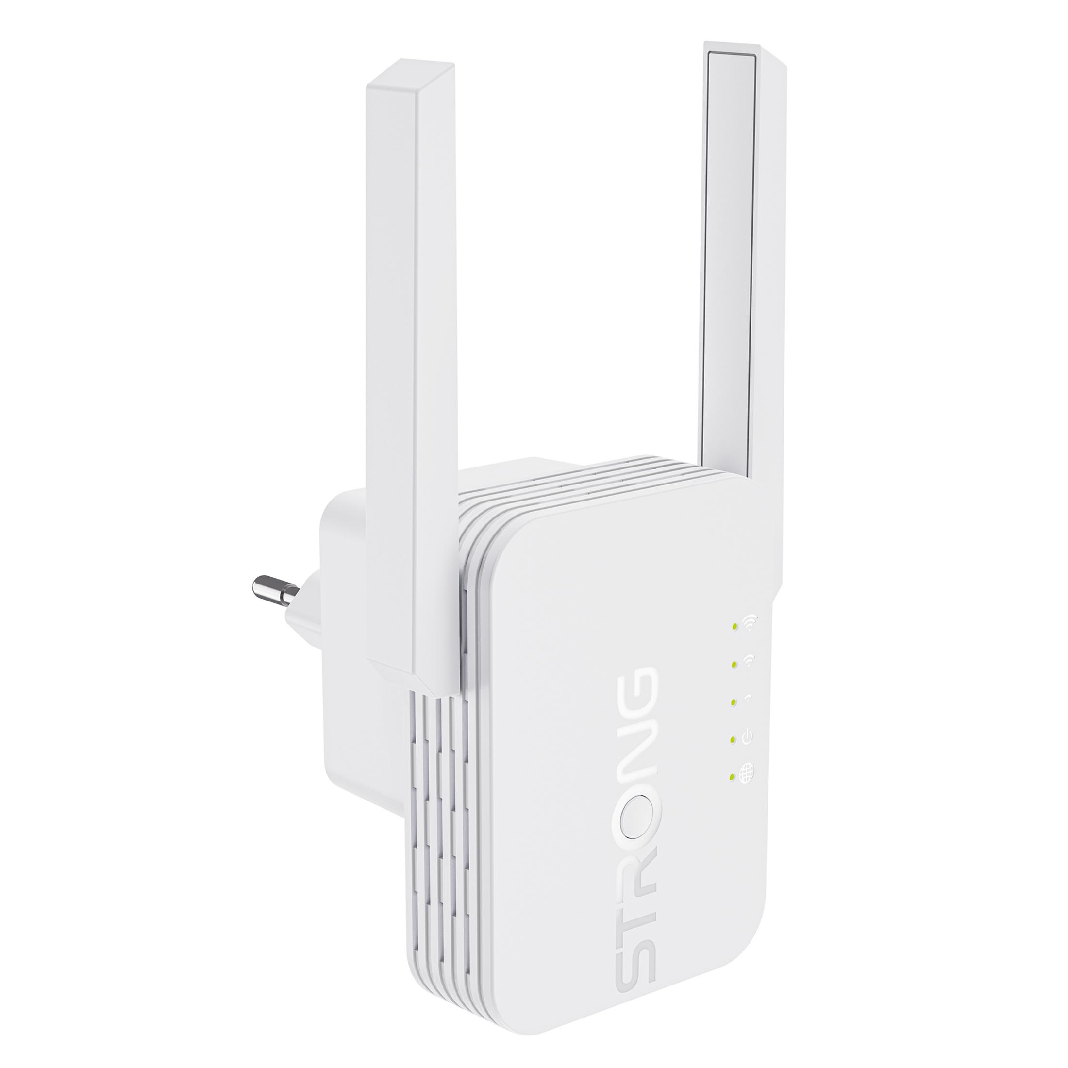 A white WiFi repeater with two antennas and the STRONG logo.