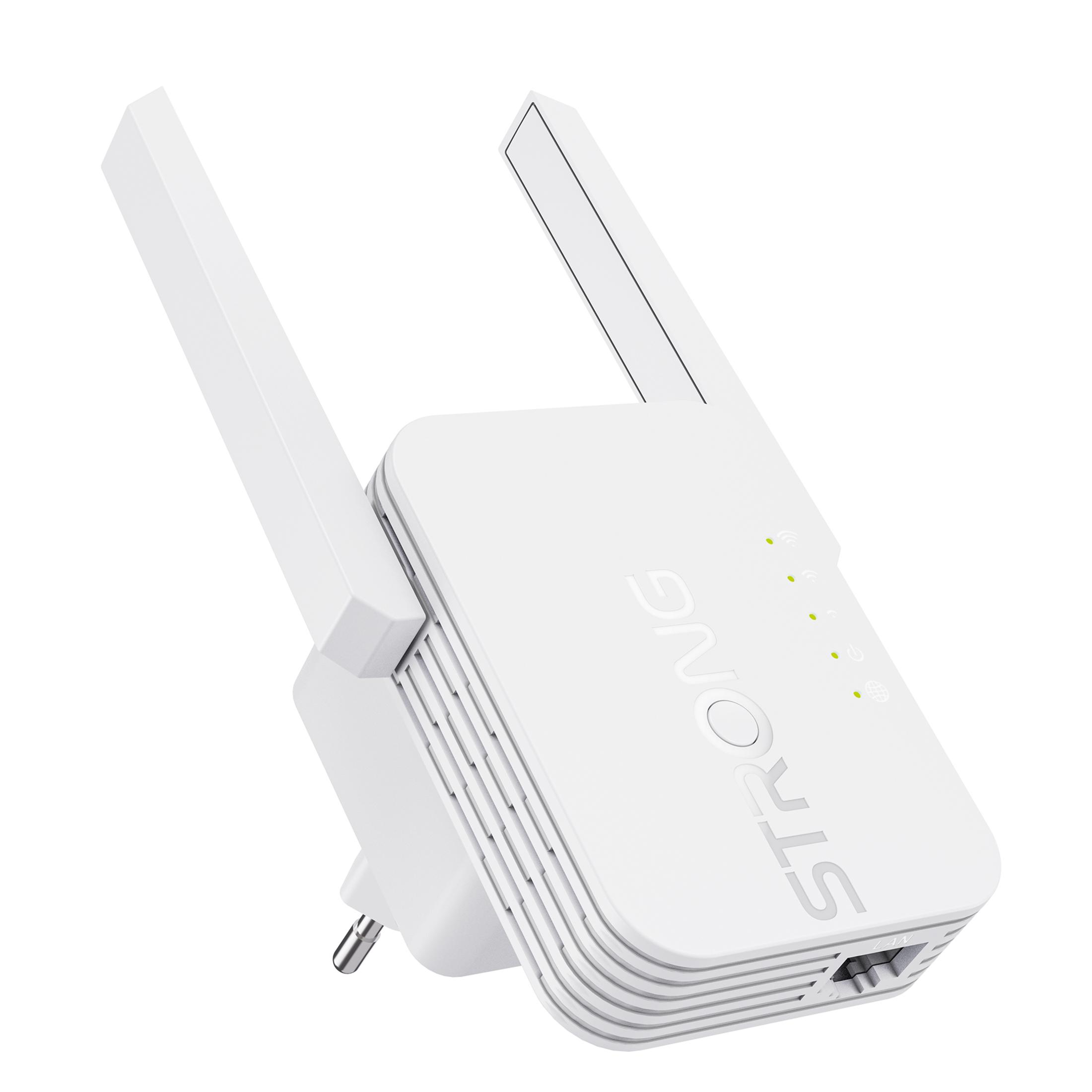 A white Wi-Fi repeater with antennas and indicator lights.