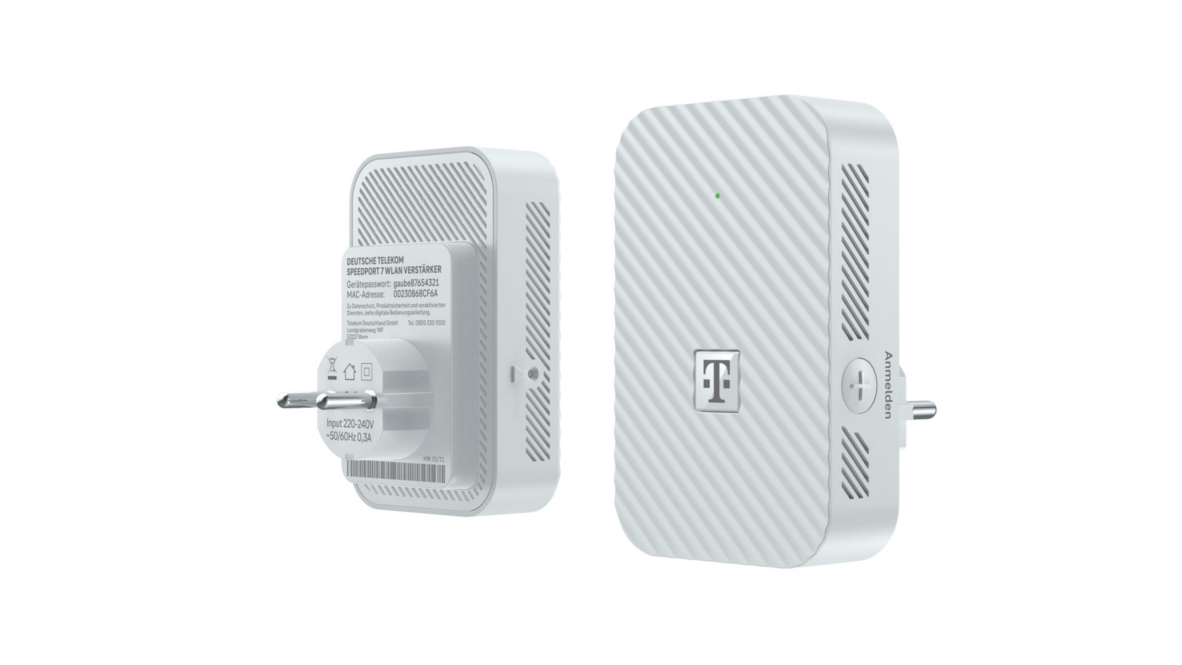 Zwei weiße Telekom WLAN-Verstärker. Einer mit Stecker, der andere mit T-Logo.