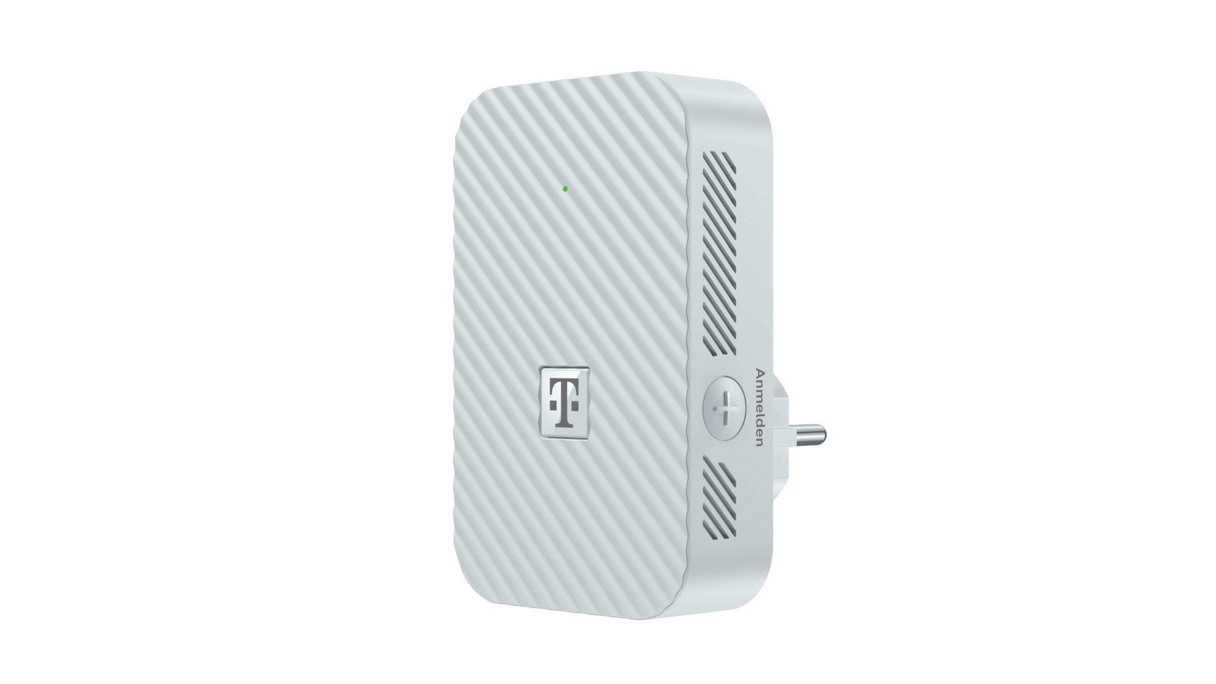 Ein weißer T-Mobile Router mit gerilltem Gehäuse und einem grünen Licht.