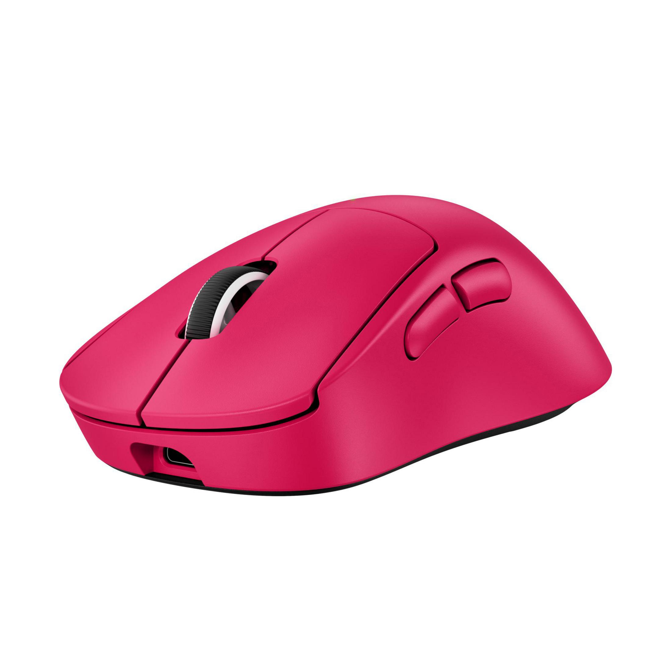 Un mouse rosa per computer con rotellina nera e porta USB-C.