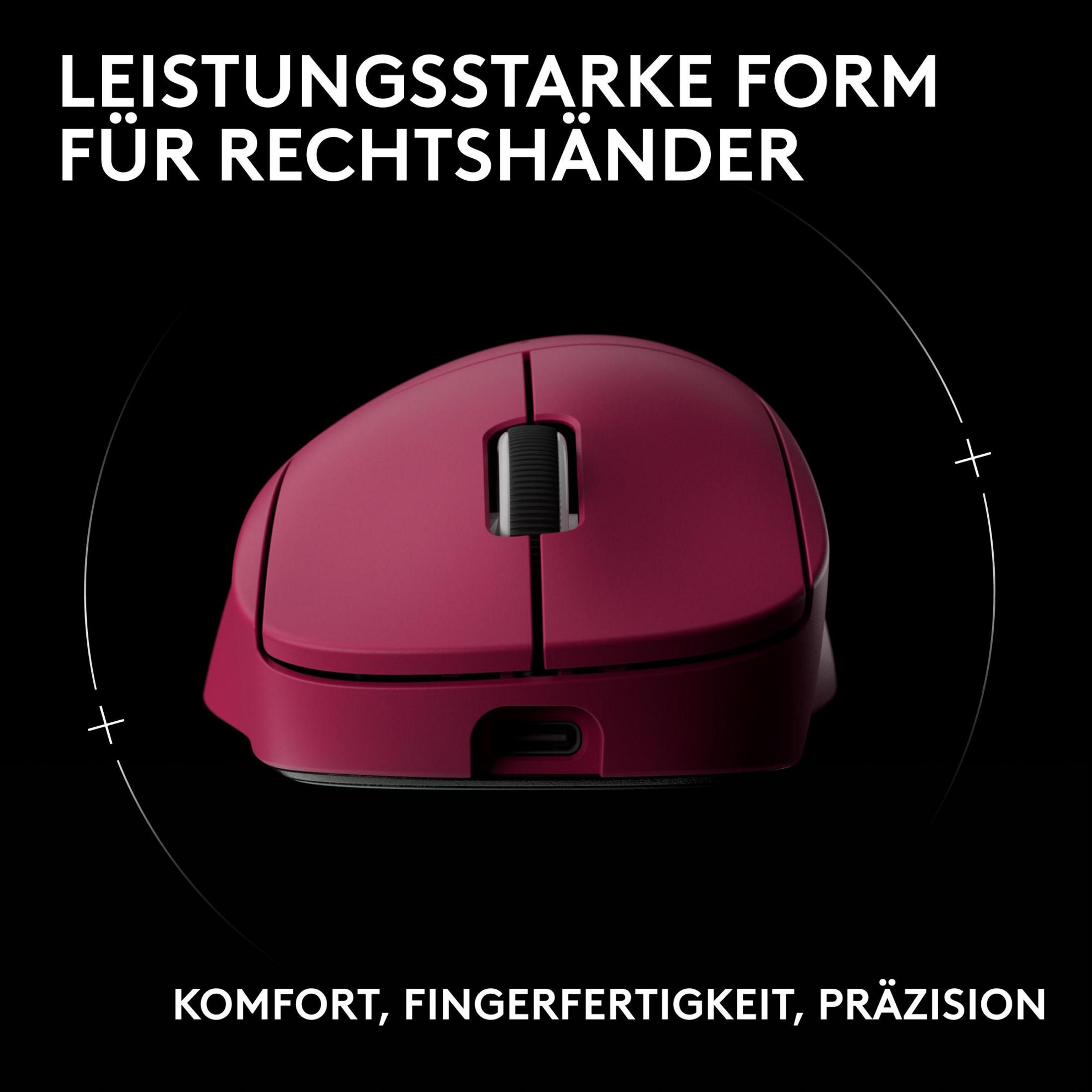 Un mouse rosso con rotella di scorrimento e porta USB-C su sfondo nero.