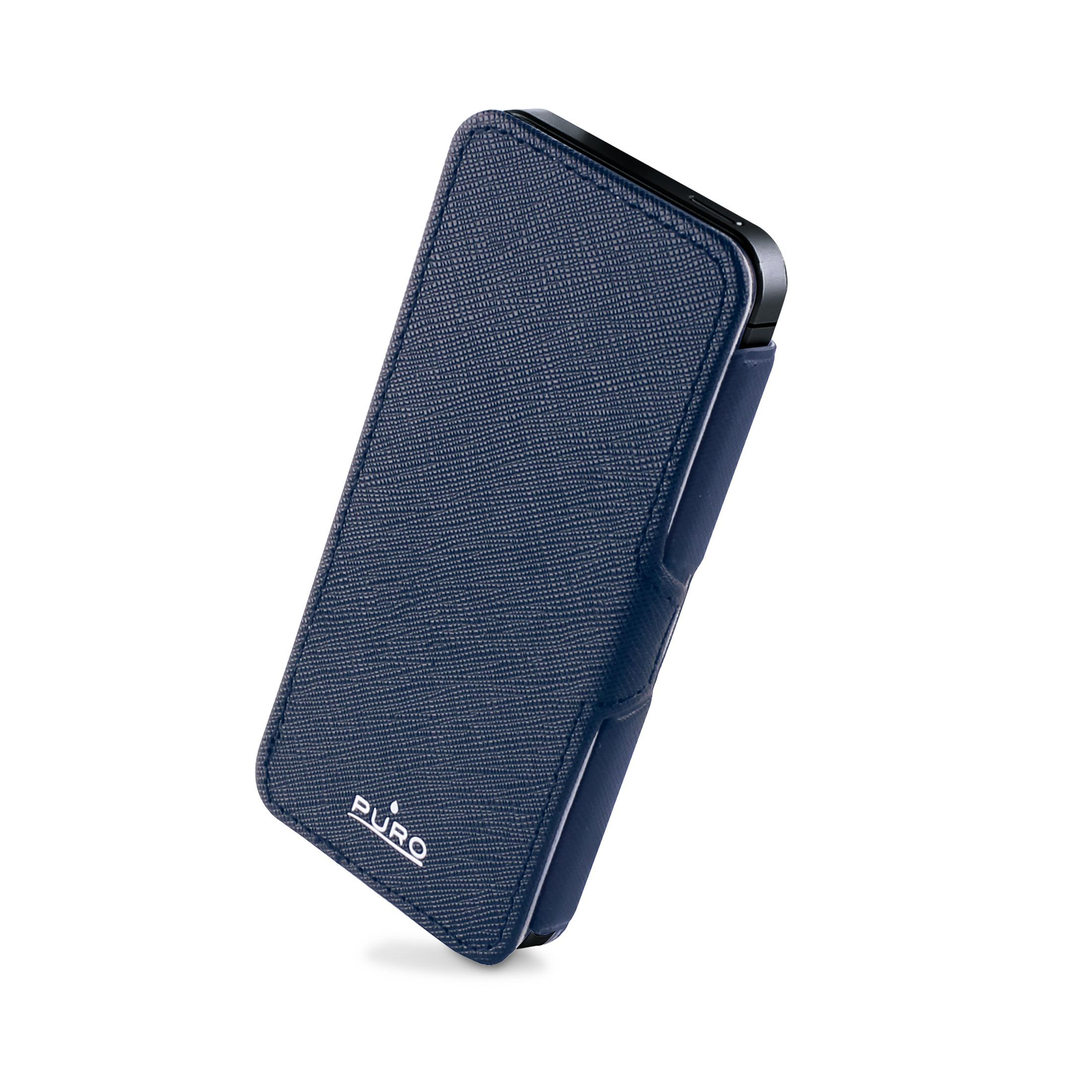 Custodia per telefono blu scuro stile portafoglio con logo PURO.