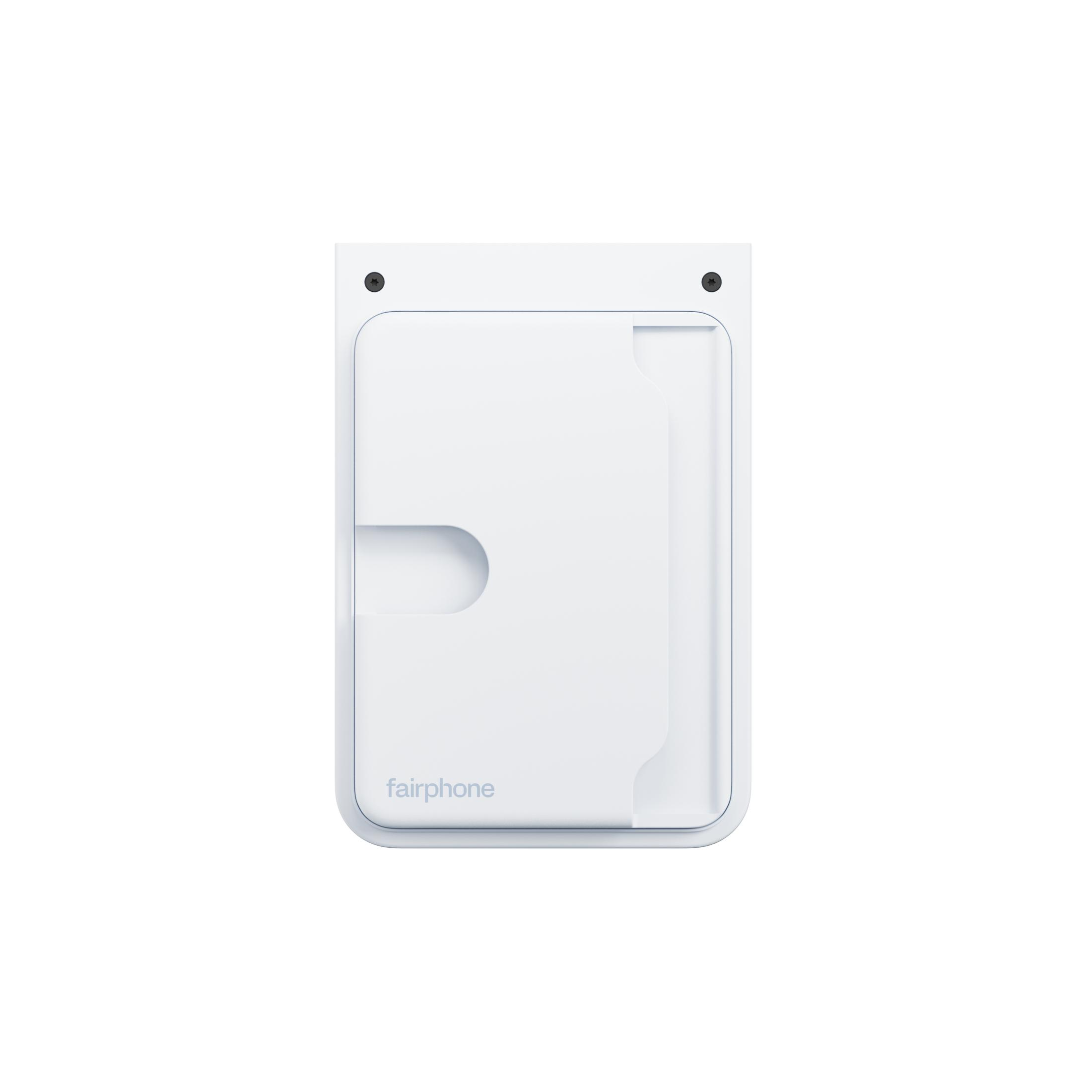 Custodia bianca Fairphone con due viti nere in alto e una fessura.