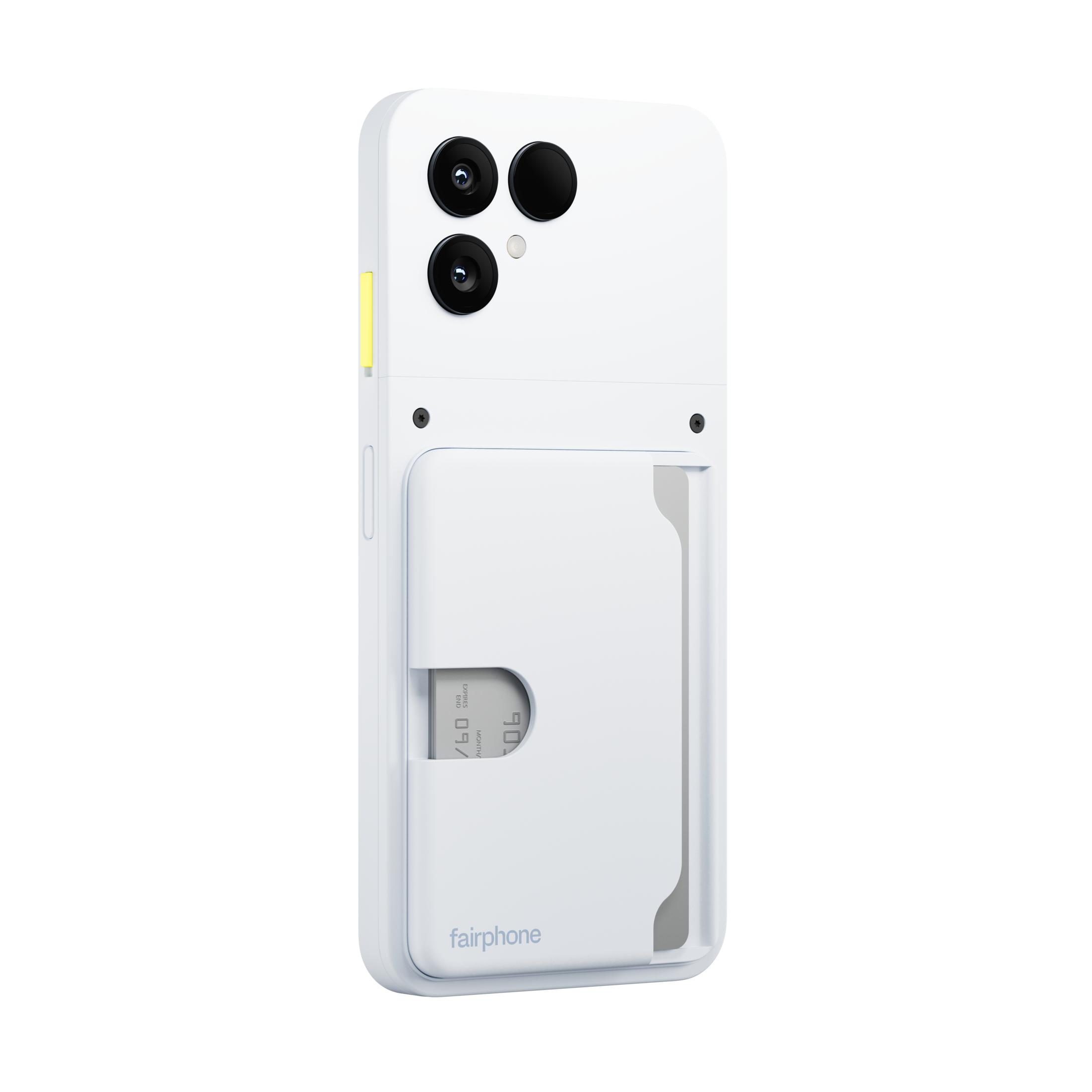 Custodia bianca per telefono con slot per carte e tre obiettivi della fotocamera in alto.