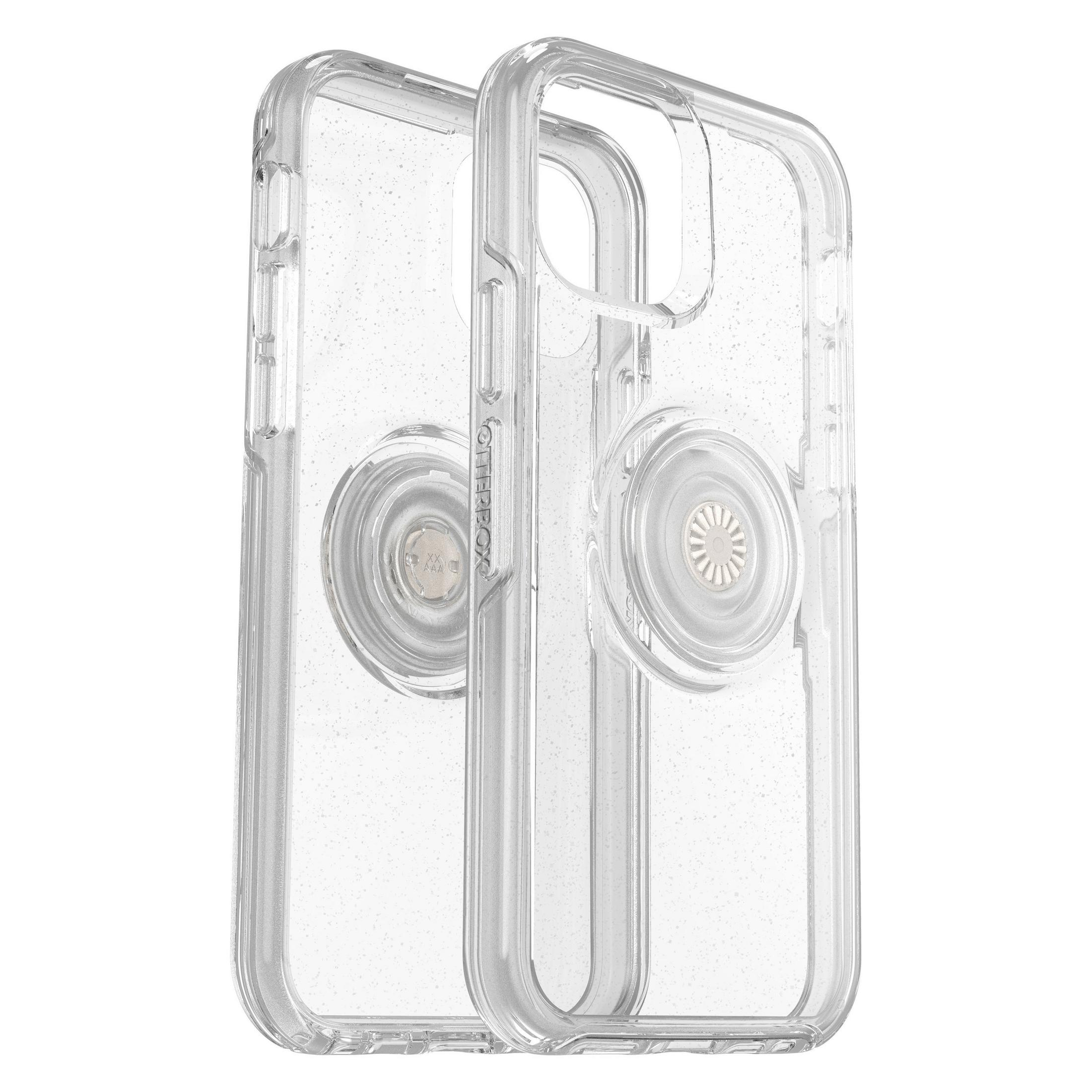 Dos fundas transparentes para móvil con purpurina y agarres.