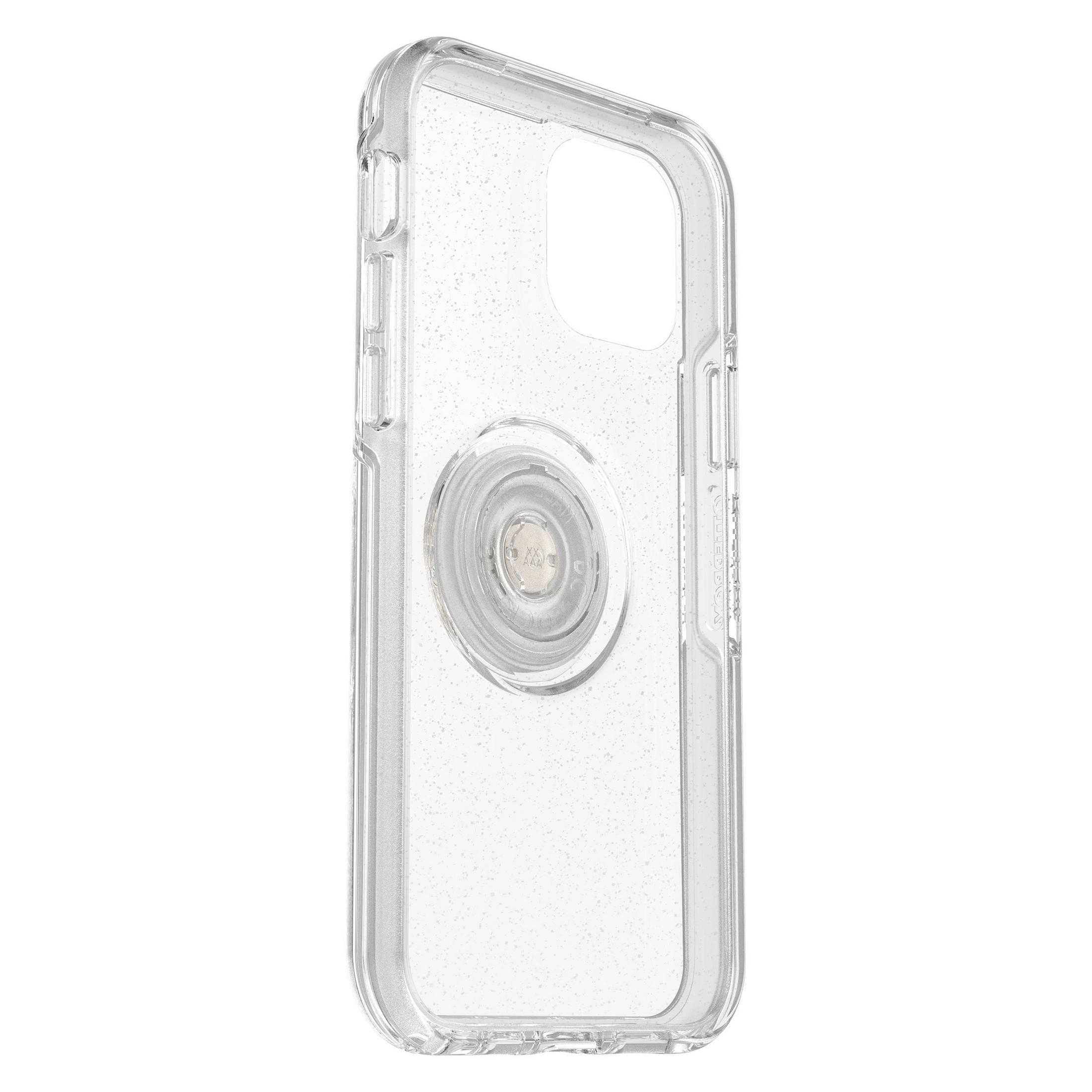 Funda transparente con purpurina y agarre integrado en la parte trasera.