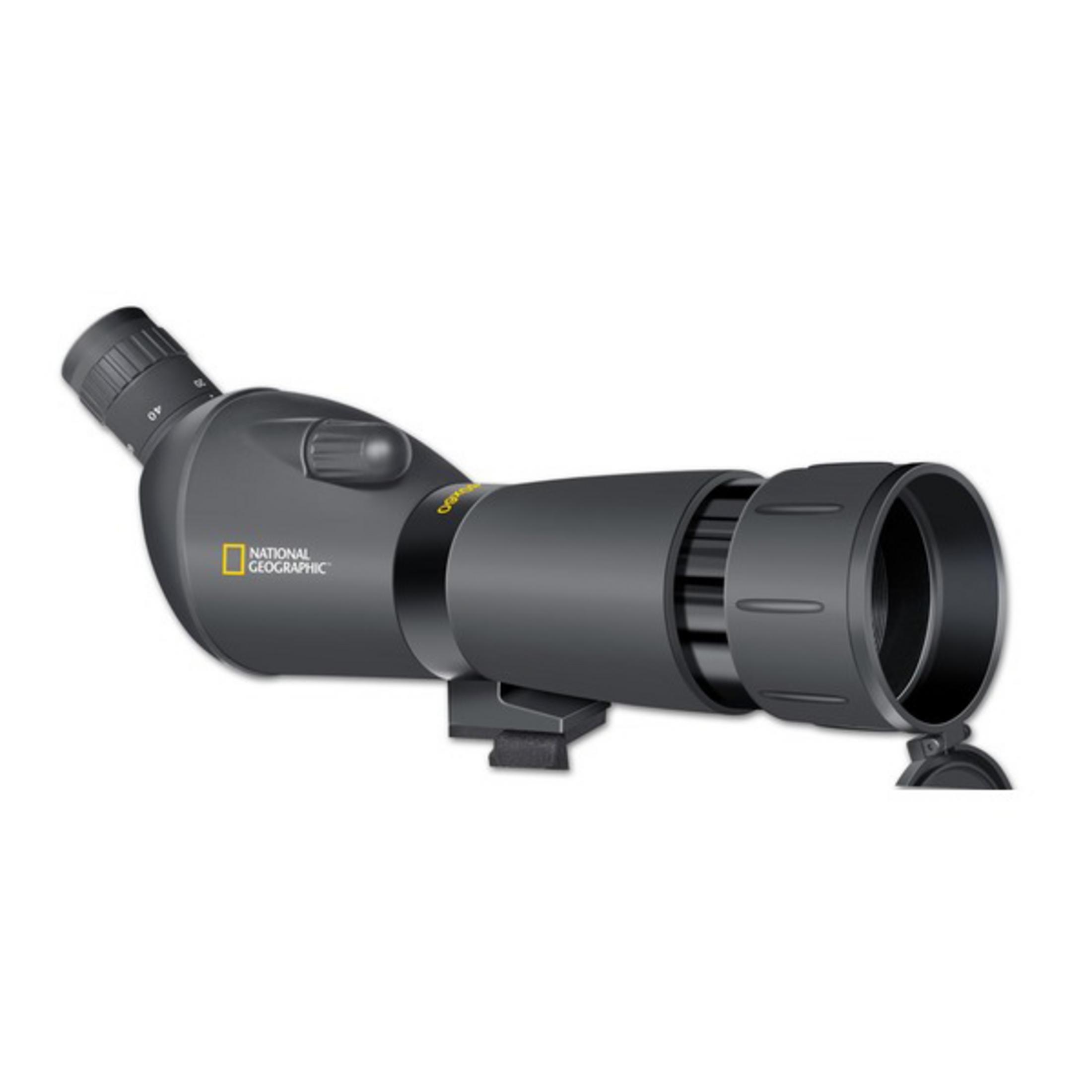 Un telescopio terrestre oscuro con logo National Geographic sobre fondo blanco.