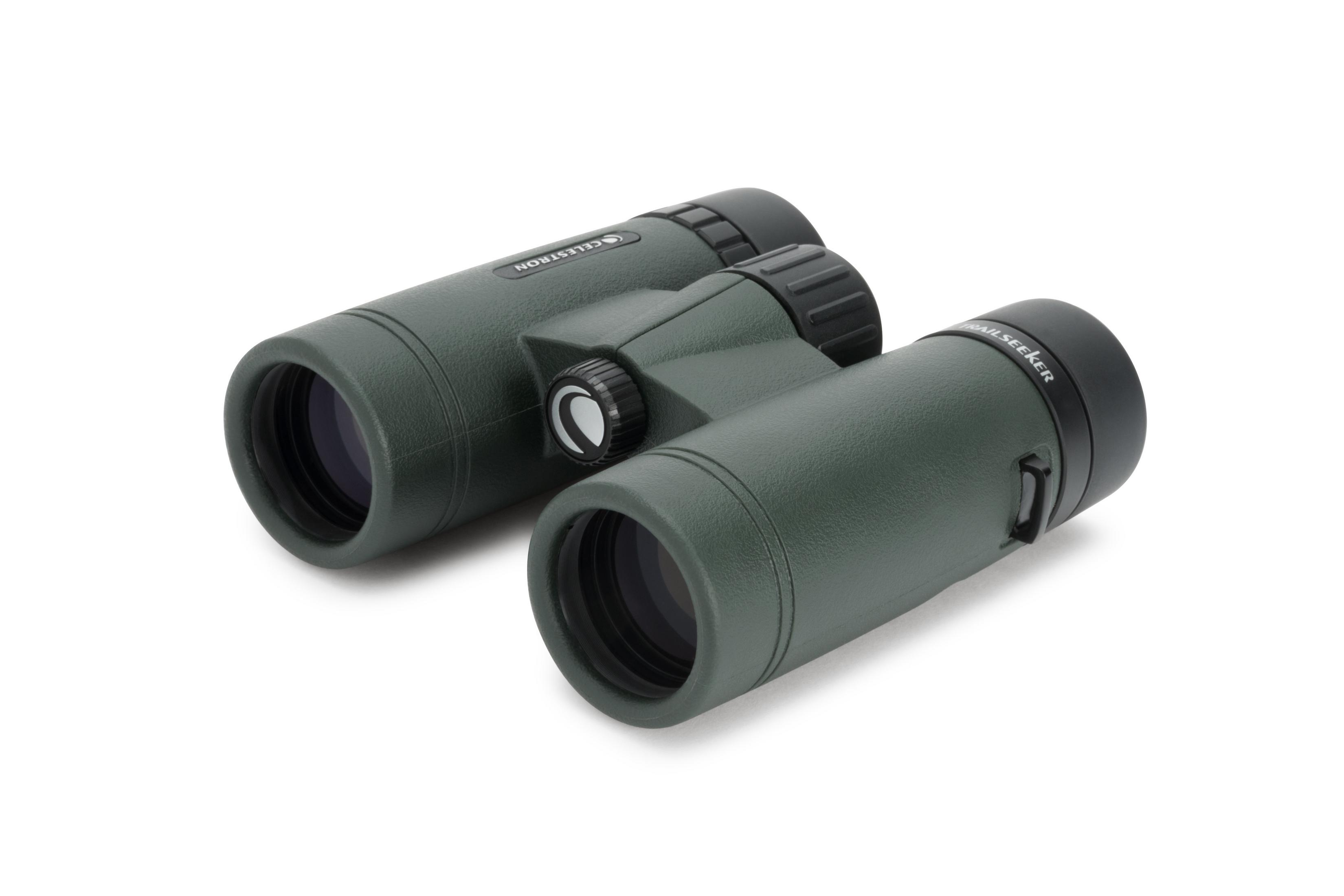 Ein Paar grüne Celestron Ferngläser mit schwarzem Fokusrad.