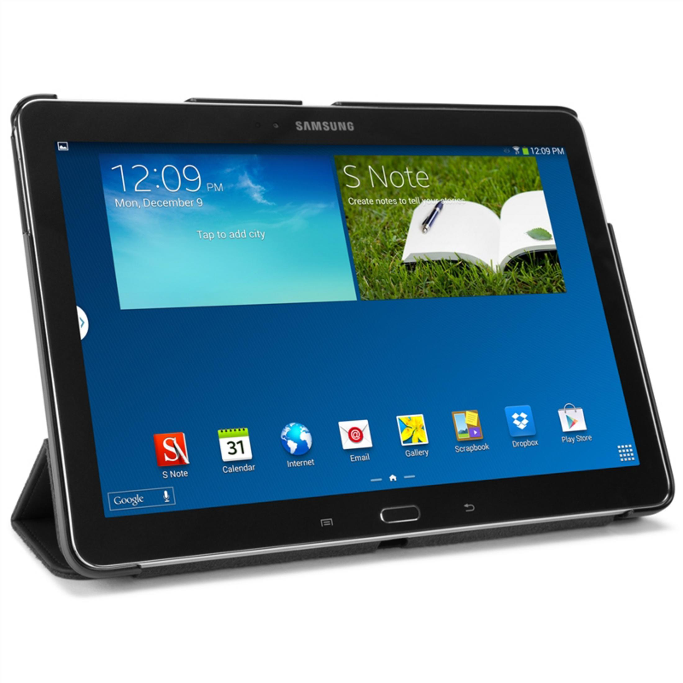 Ein Samsung-Tablet mit einem schwarzen Ständer. Der Bildschirm zeigt die Uhrzeit und App-Symbole.
