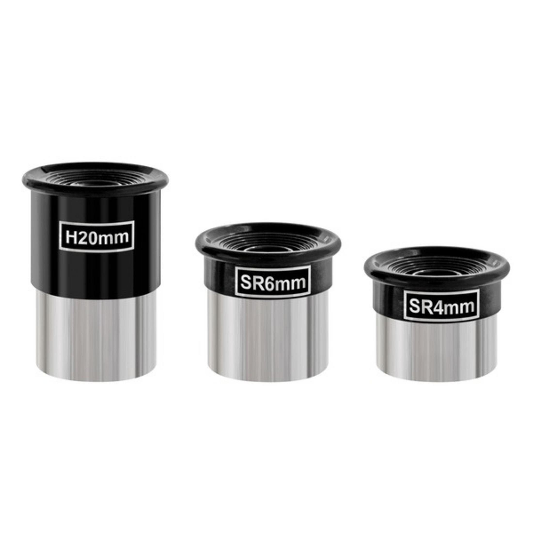 Tres oculares de telescopio etiquetados H20mm, SR6mm y SR4mm sobre fondo blanco.