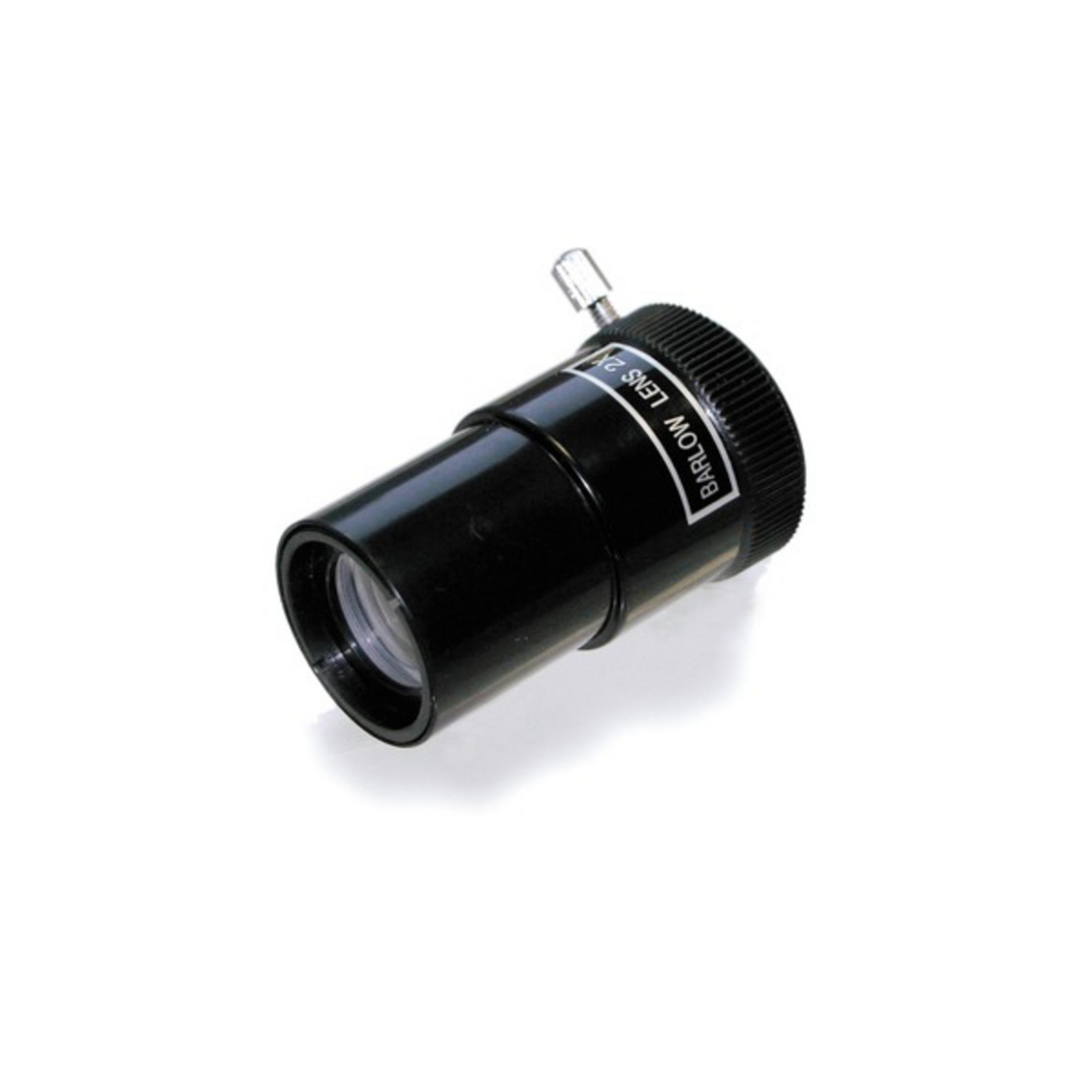 Ocular de telescopio negro con anillo moleteado plateado y texto.