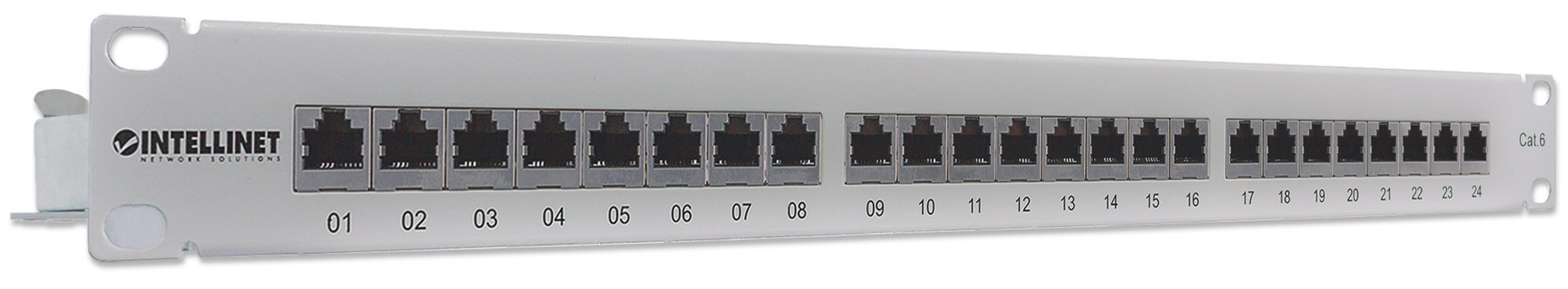 Un pannello patch Intellinet Cat.6 grigio con 24 porte RJ45 numerate da 1 a 24.