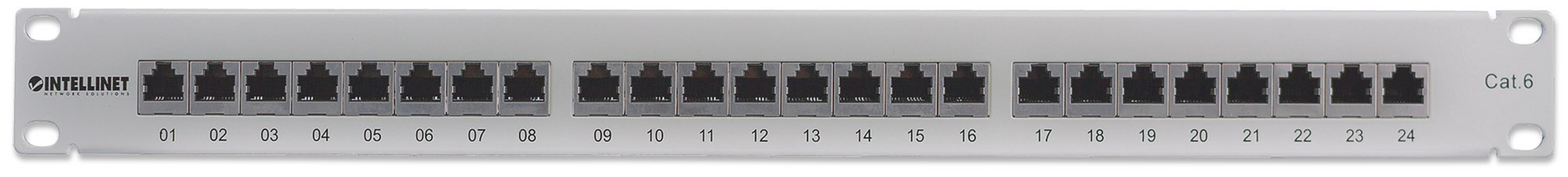 Un pannello patch argentato Cat.6 con 24 porte RJ45 nere, numerate 01-24.