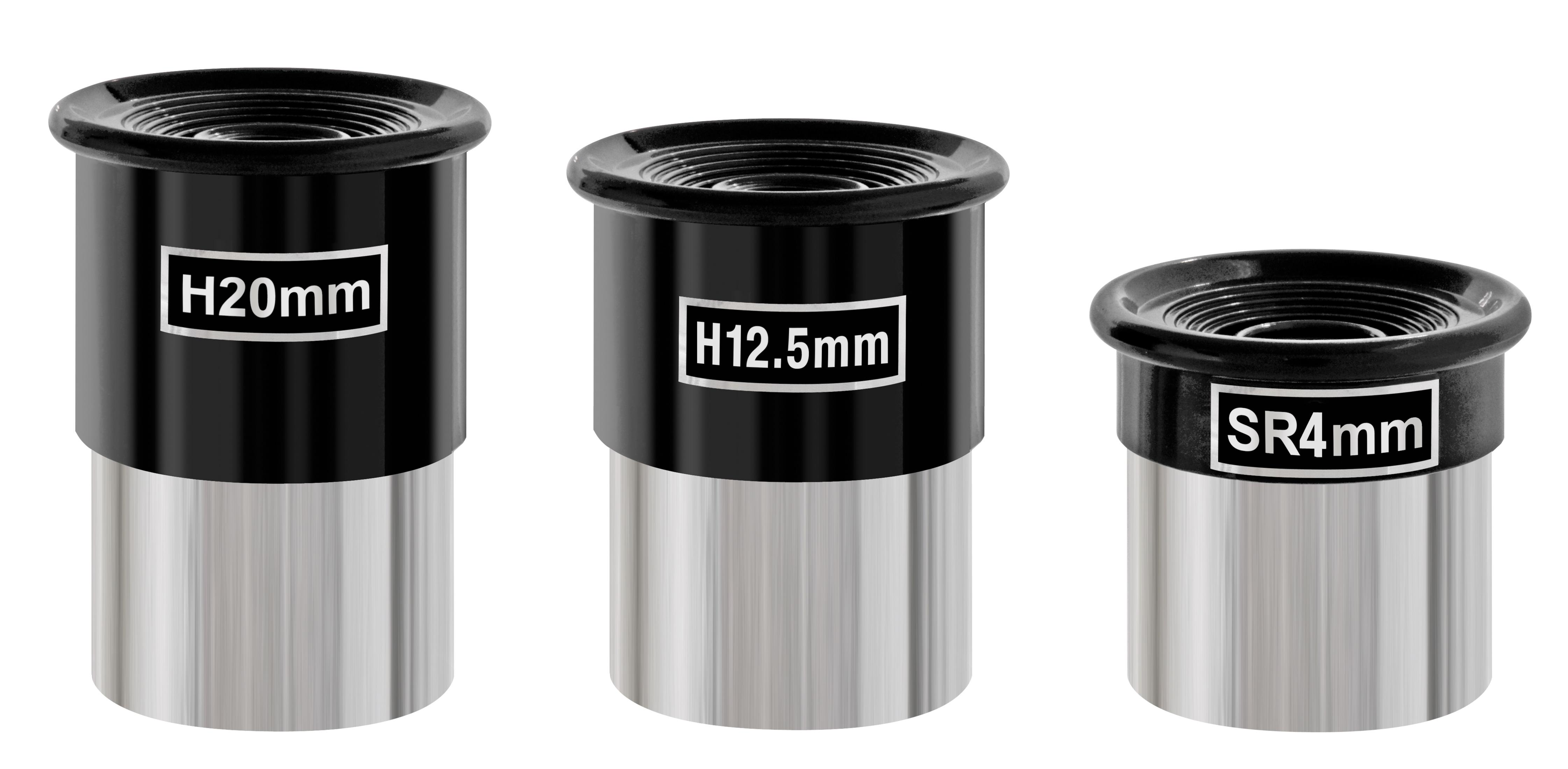Drei Okulare mit Beschriftungen H20mm, H12.5mm und SR4mm.