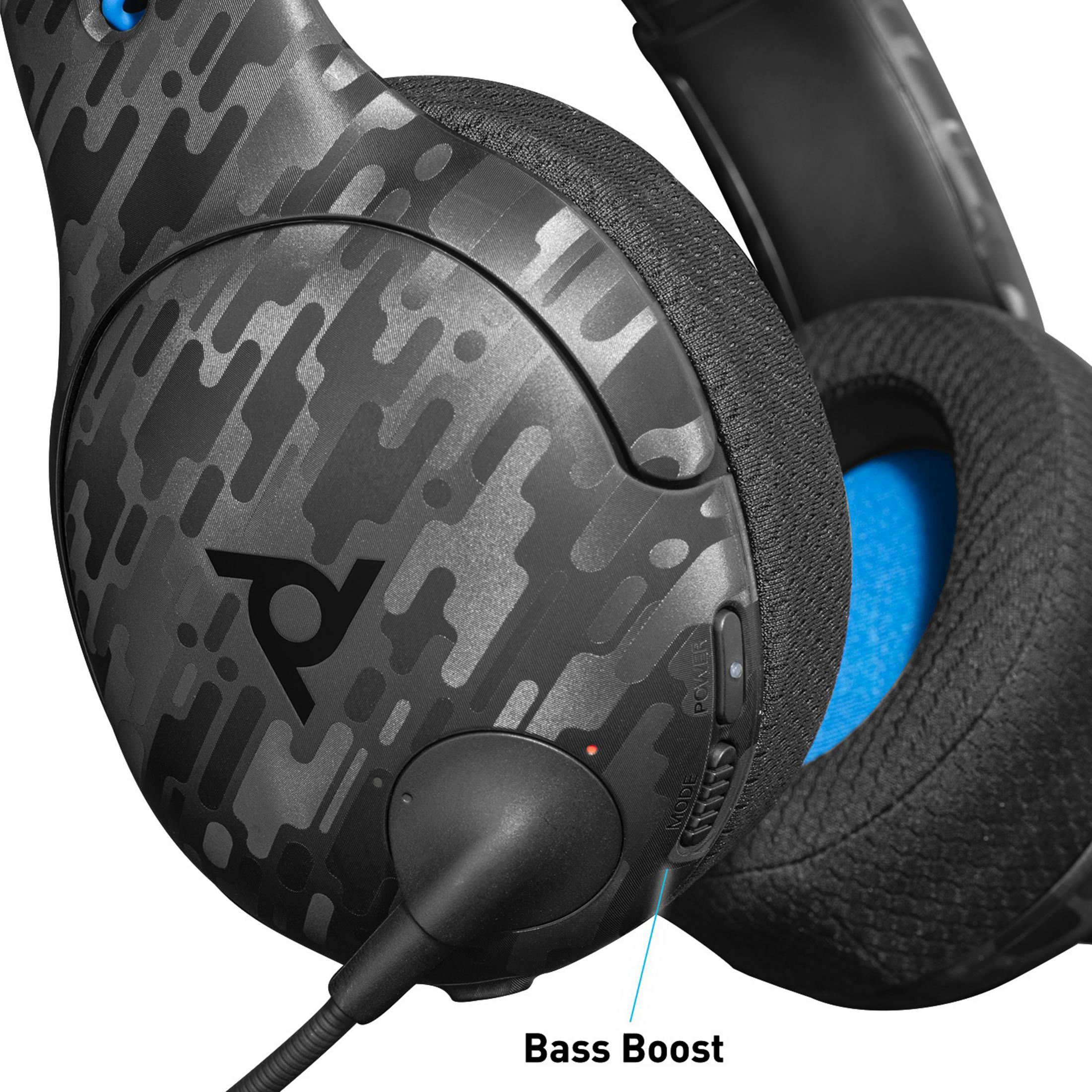Cuffie con motivo mimetico grigio, accenti blu e pulsante Bass Boost.