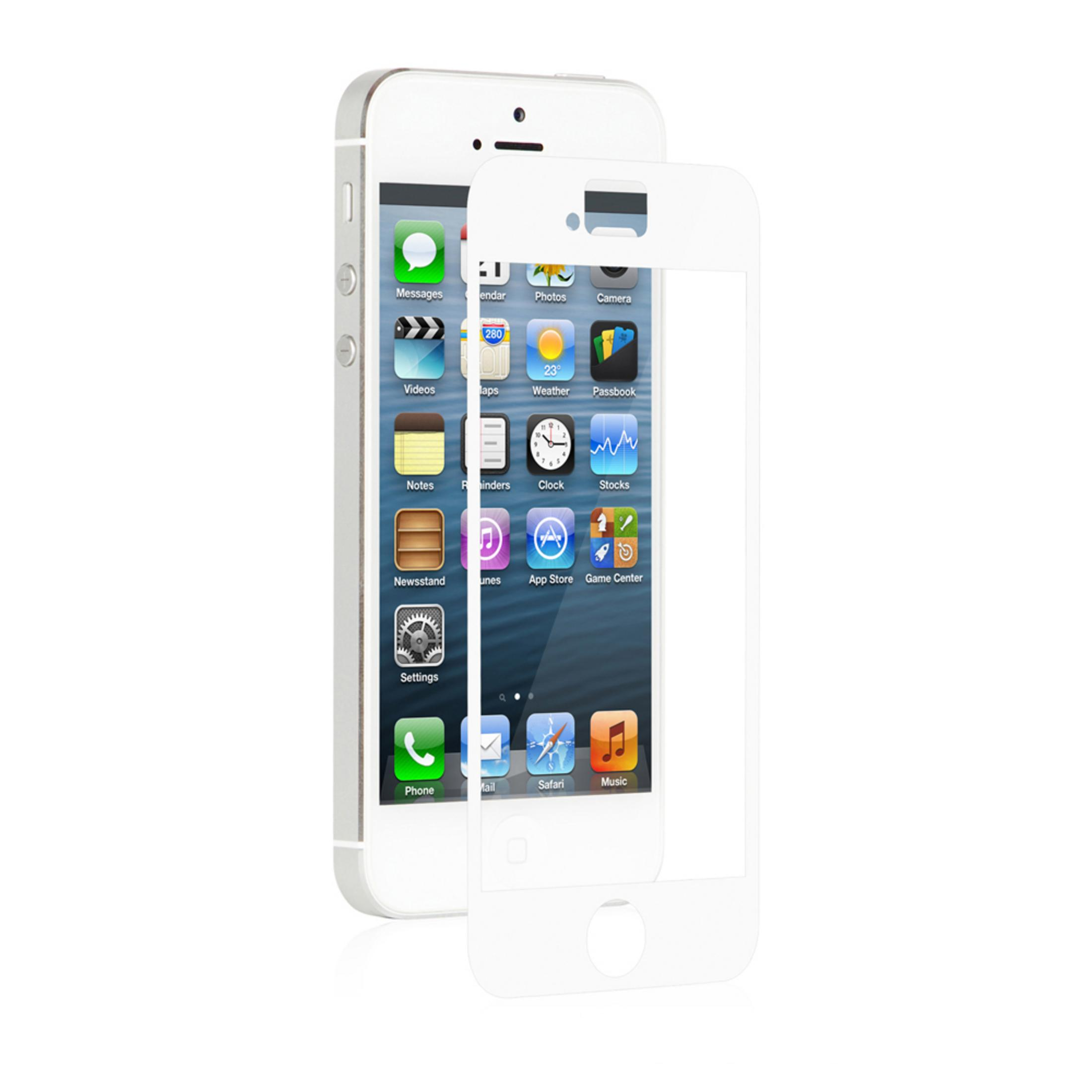 Un iPhone bianco con una protezione per lo schermo davanti. Le app sono visibili sullo schermo.