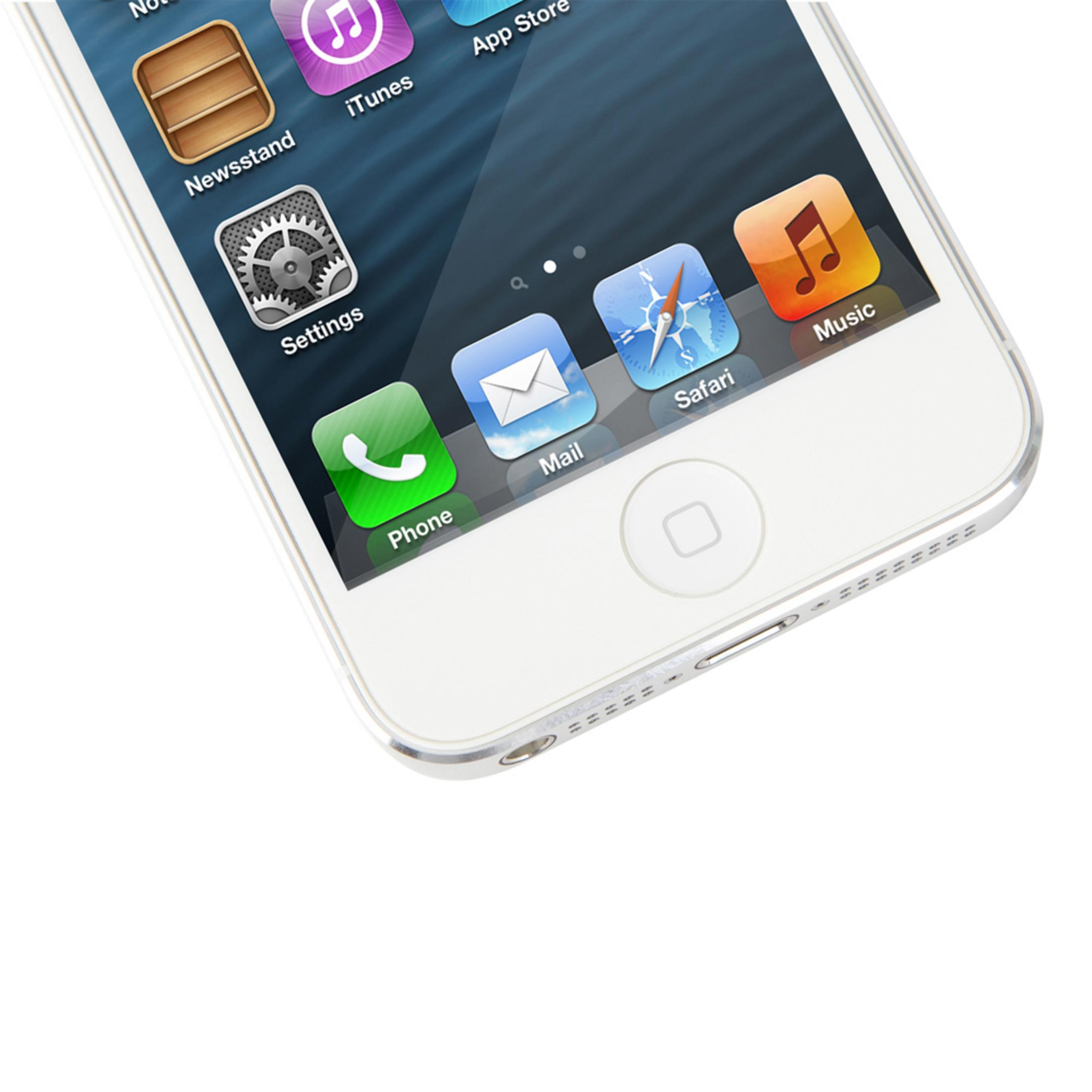 Uno smartphone bianco con sfondo blu che mostra icone di app come Mail, Safari e Musica.