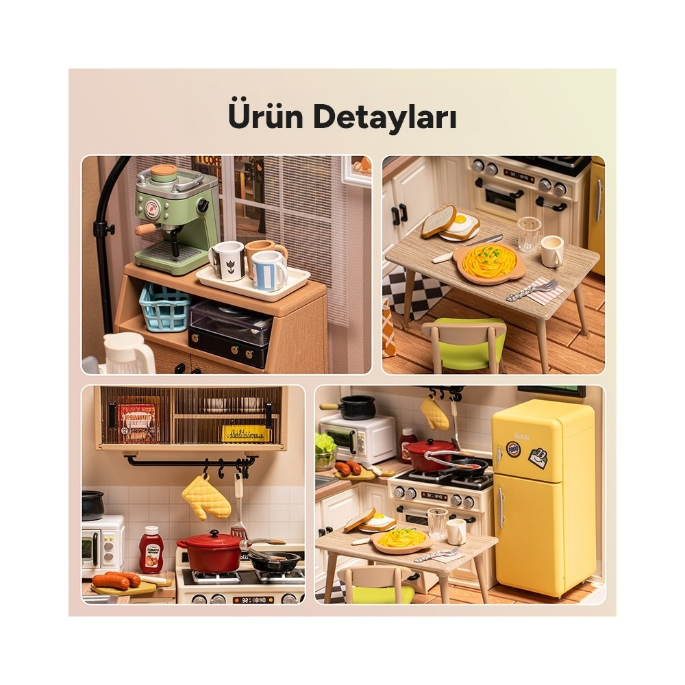 Kahve makinesi, ocak, buzdolabı ve yemekli yemek masası içeren minyatür mutfak.