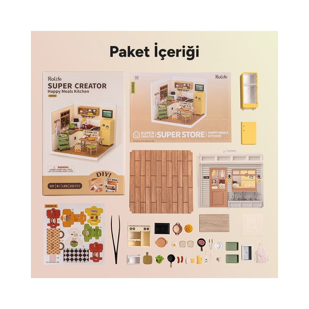 Paket içeriği: Aksesuarlar, ahşap doku ve cephe elemanları içeren DIY minyatür mutfak.