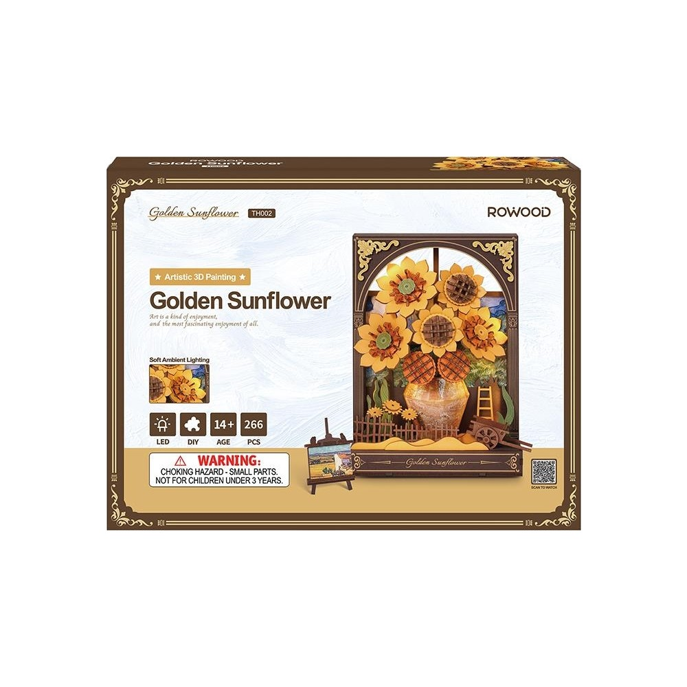 'Golden Sunflower' 3D kendin yap kiti kutusu, ayçiçekleri, vazo ve ressam sehpası içerir.