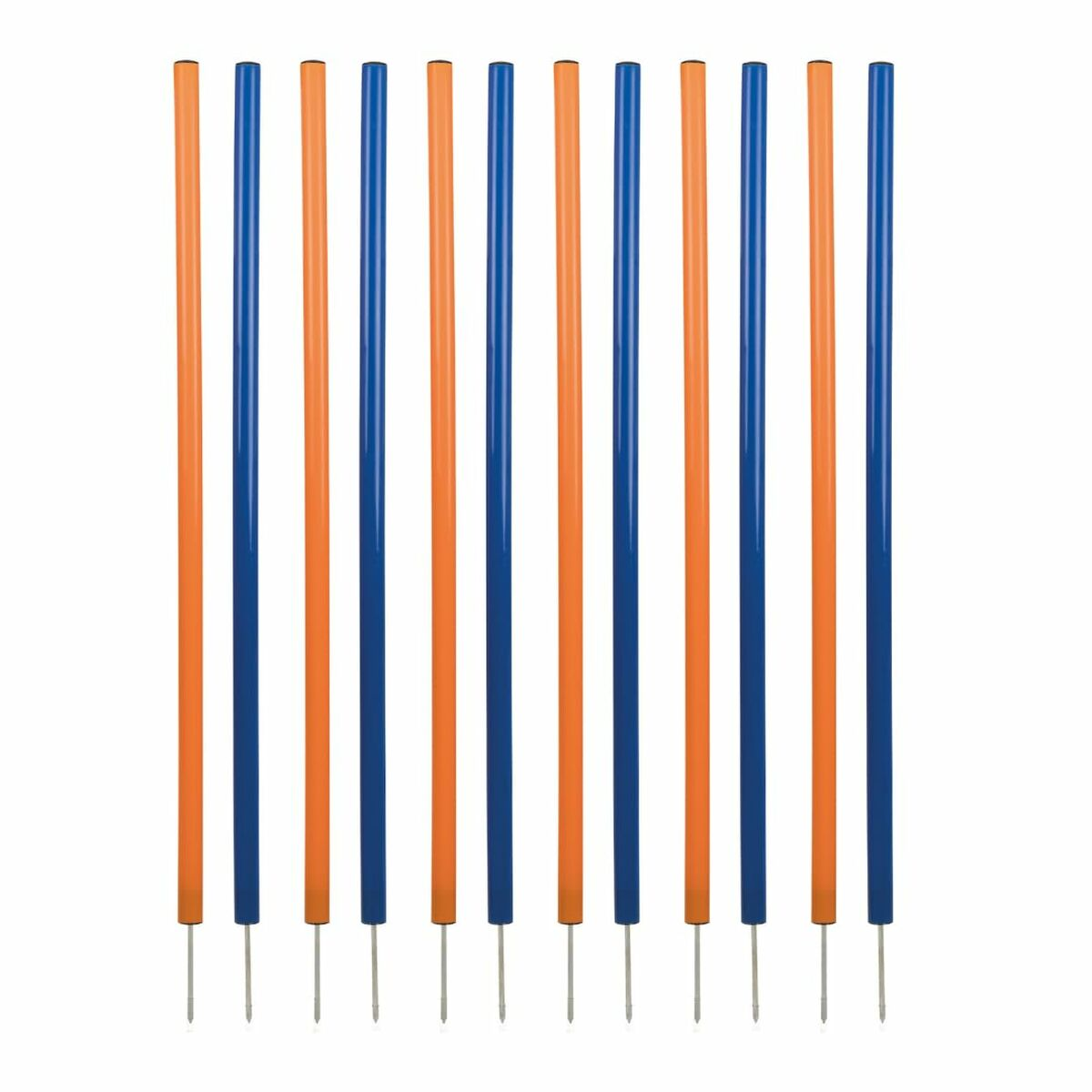 Once postes anaranjados y azules con puntas plateadas sobre fondo blanco.