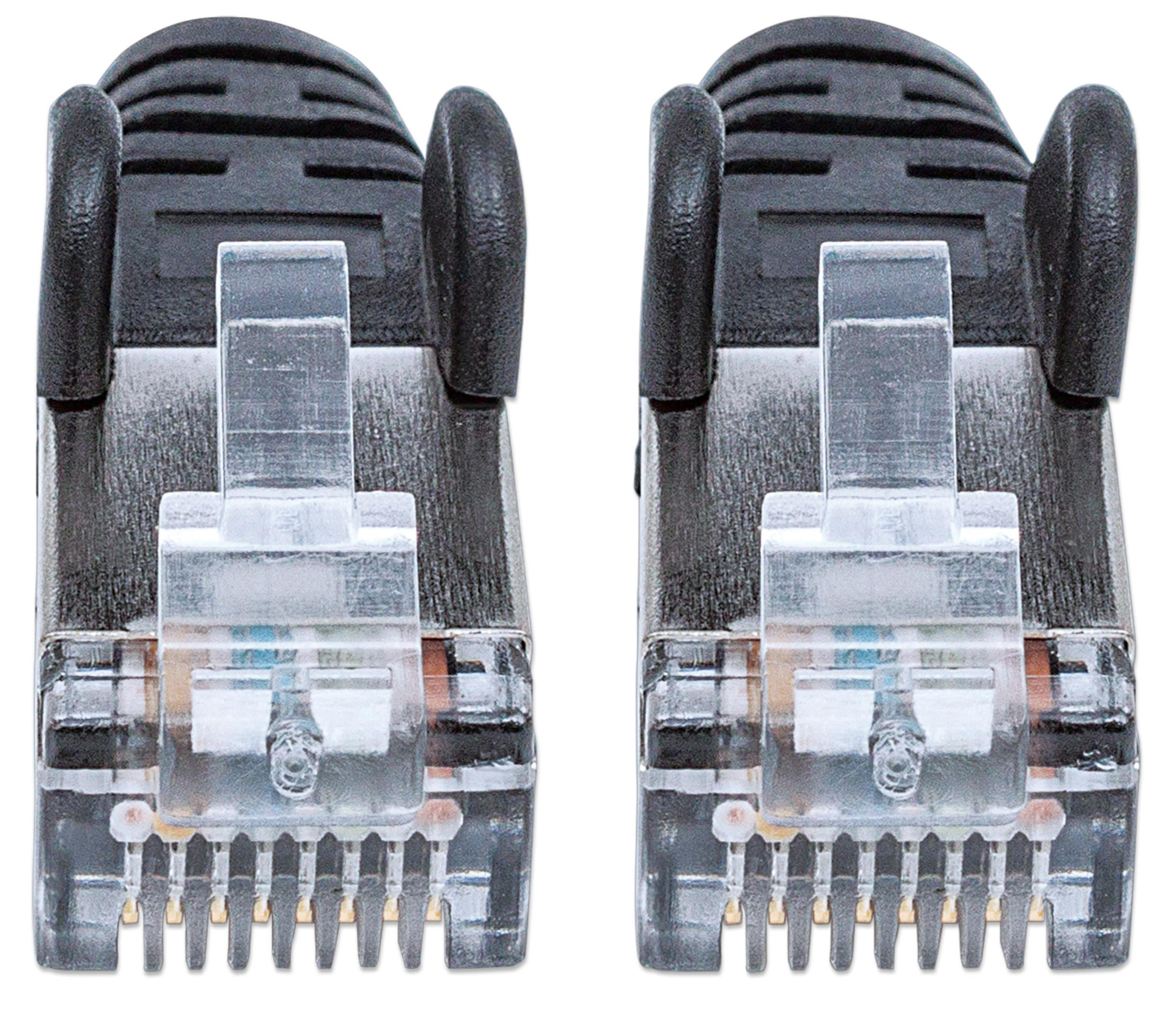 Due connettori RJ45 neri con alloggiamenti trasparenti e contatti metallici.