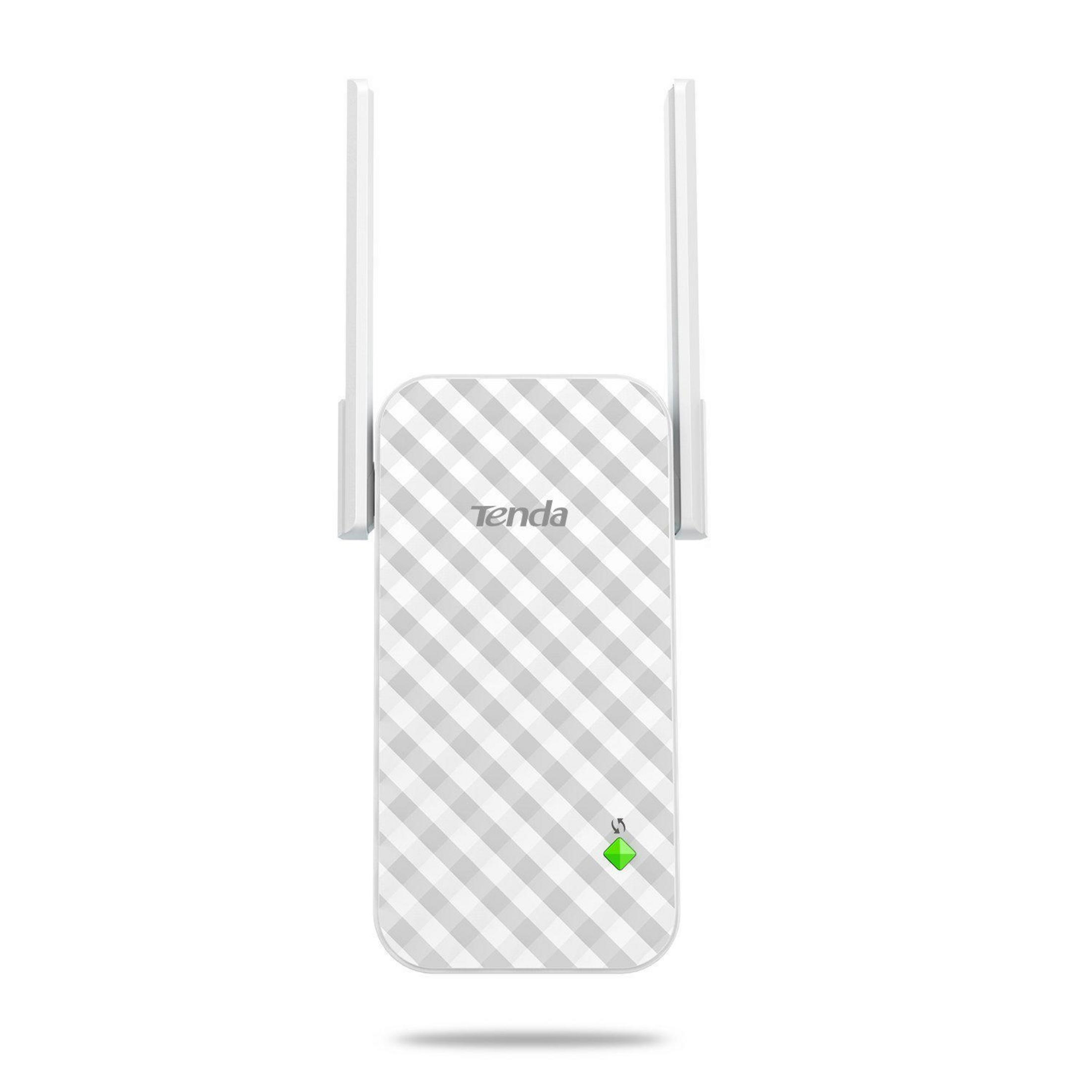 Un extensor Wi-Fi Tenda blanco con patrón de diamantes grises y dos antenas.